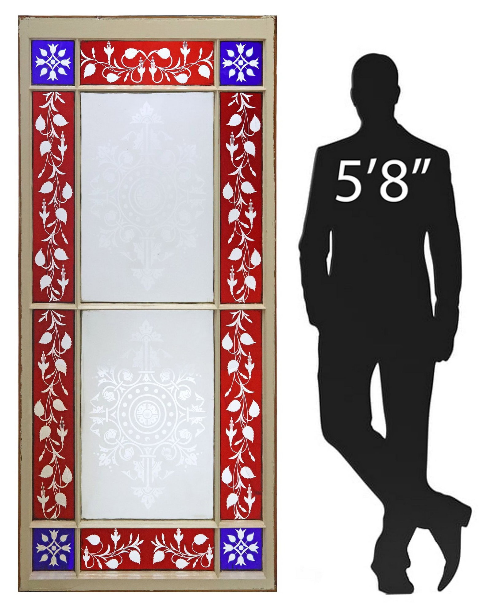 LARGE ENGLISH STAINED & ETCHED GLASS ARCHITECTURAL WINDOW: Large English architectural paneled glass window, early 20th c., having white painted wood frame, encasing frosted and cranberry cut to clear glass panels, revealing various scrolled foliates and geom