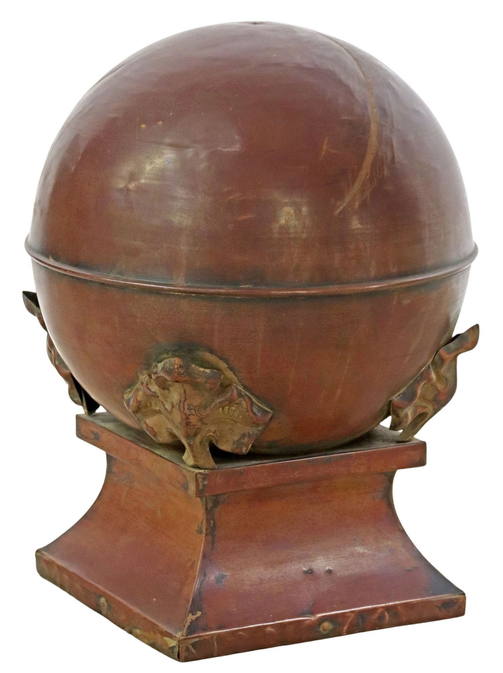 LARGE ARCHITECTURAL COPPER SPHERE CUPOLA ROOF CAP FINIAL: Architectural copper roof cap finial, hollow sphere supported by four foliate elements, on a waisted plinth, approx 18.75"h, 14.25"diam, base: approx 10.25"w, 10.25"d, 9lbs **