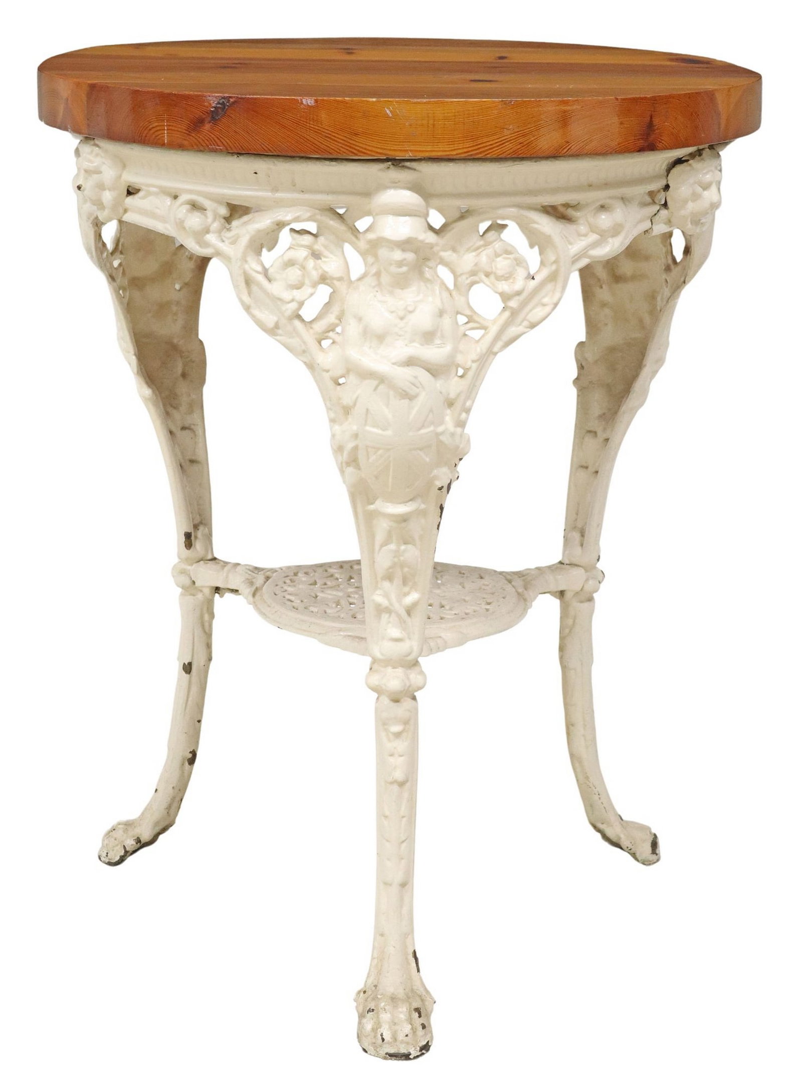 ENGLISH PINE & PAINTED CAST IRON BRITANNIA PUB TABLE: English painted cast iron pub table, 20th c., circular pine top, over cast iron base with allegorical figure of Britannia holding Union Jack shield, medial shelf, ending on paw feet, approx 30 3/8&quo