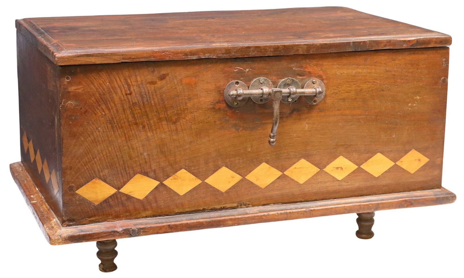 SPANISH PARQUETRY STORAGE CHEST OR SMALL TRUNK: Spanish inlaid cedar storage chest/ small trunk, 19th c., rectangular case with hinged lid, revealing open interior, with diamond-form parquetry and iron hardware, rising on turned front legs, so