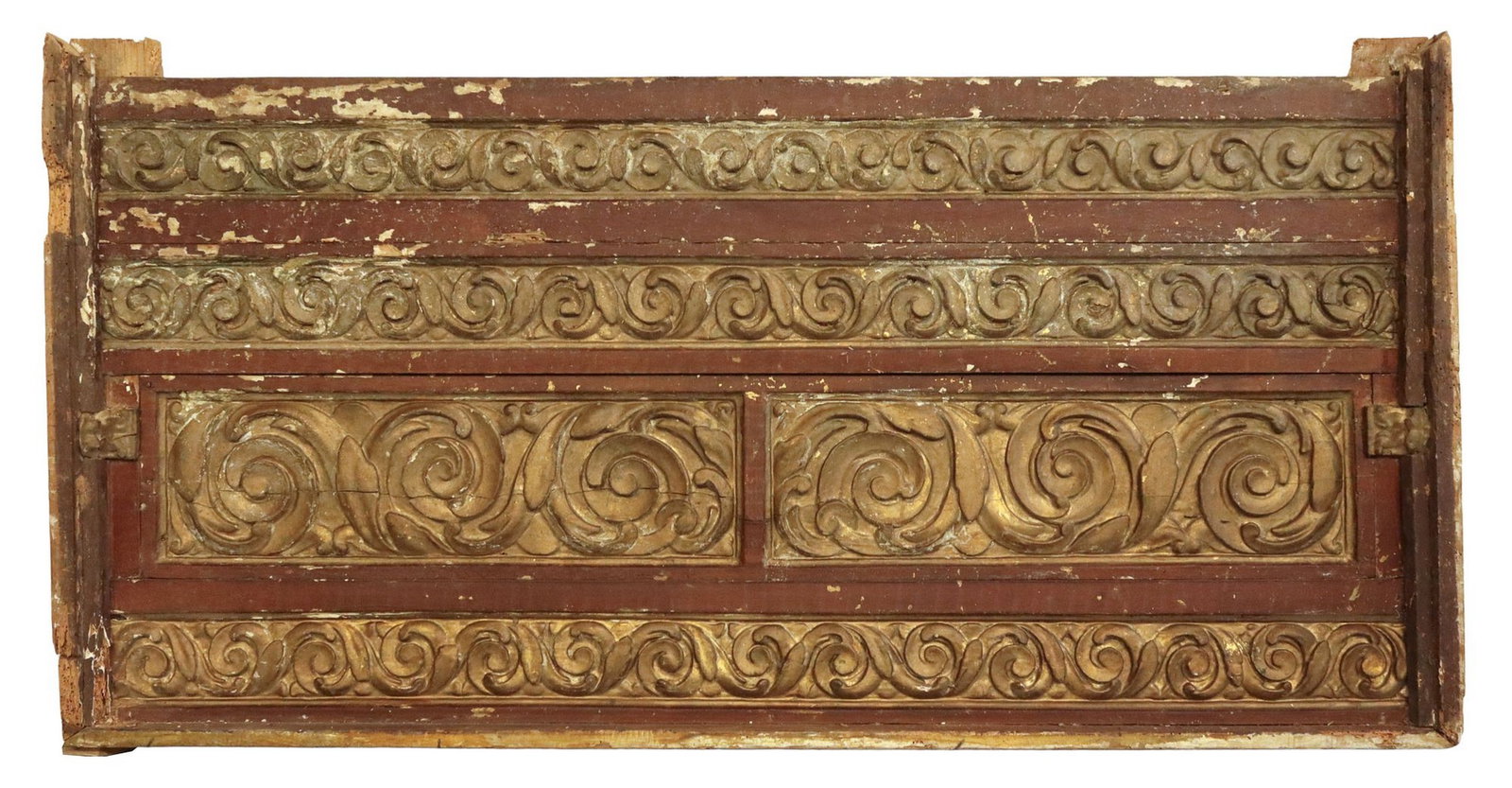 LARGE SPANISH PARCEL-GILT CARVED WOOD ARCHITECTURAL WALL PANEL: Spanish Baroque style architectural wall panel, late 19th c., having parcel giltwood scrolled foliate motifs, typical wood loss to sides, approx 33.5"h, 64 5/8"w, 3.75"d