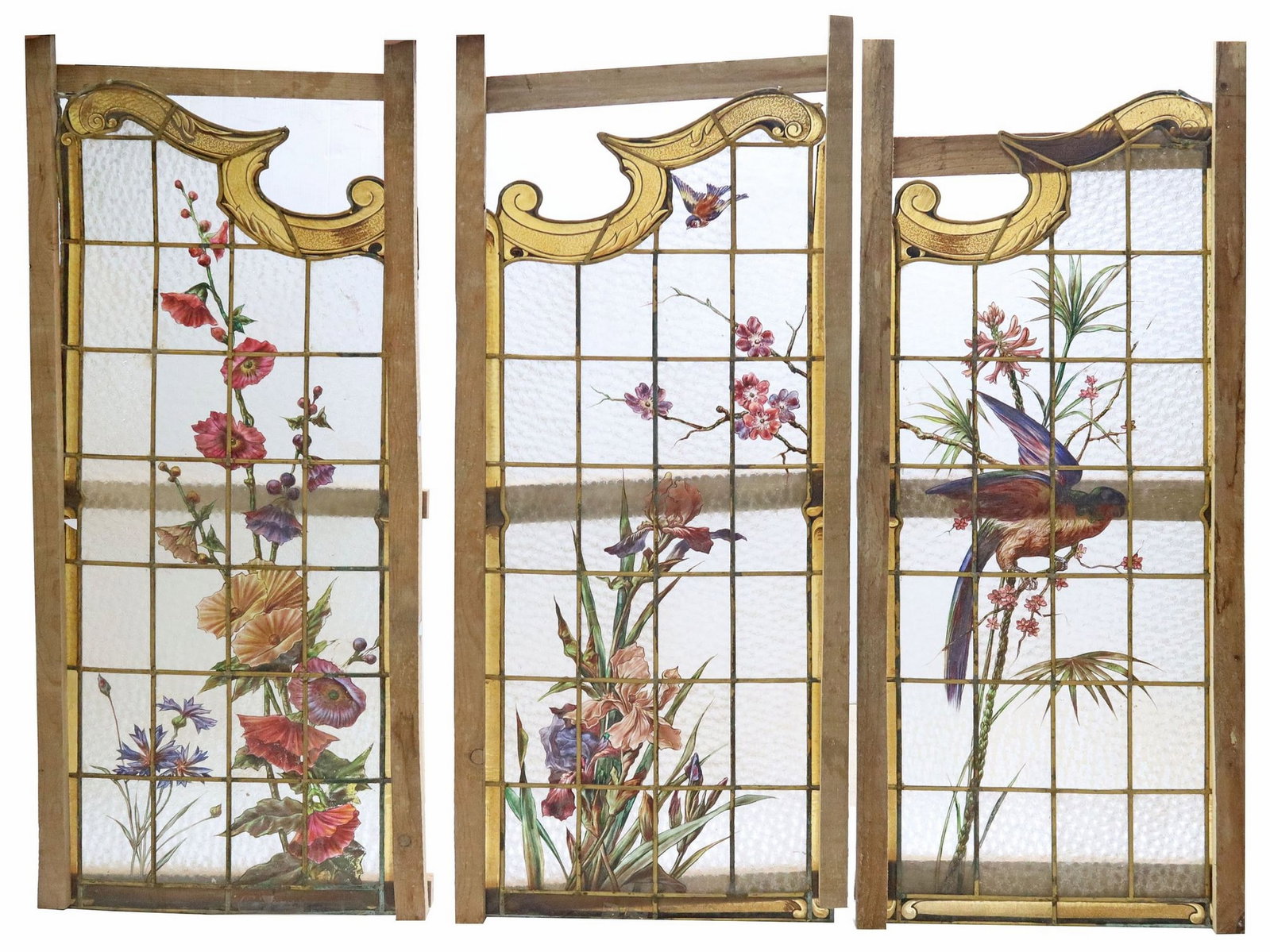 (3) ARCHITECTURAL STAINED & LEADED REVERSE-PAINTED GLASS PANELS: (lot of 3) Spanish architectural stained and leaded glass panels, late 19th/ early 20th c., each having shaped frame, with textured colorless and stained glass inserts, reverse painted with various bi