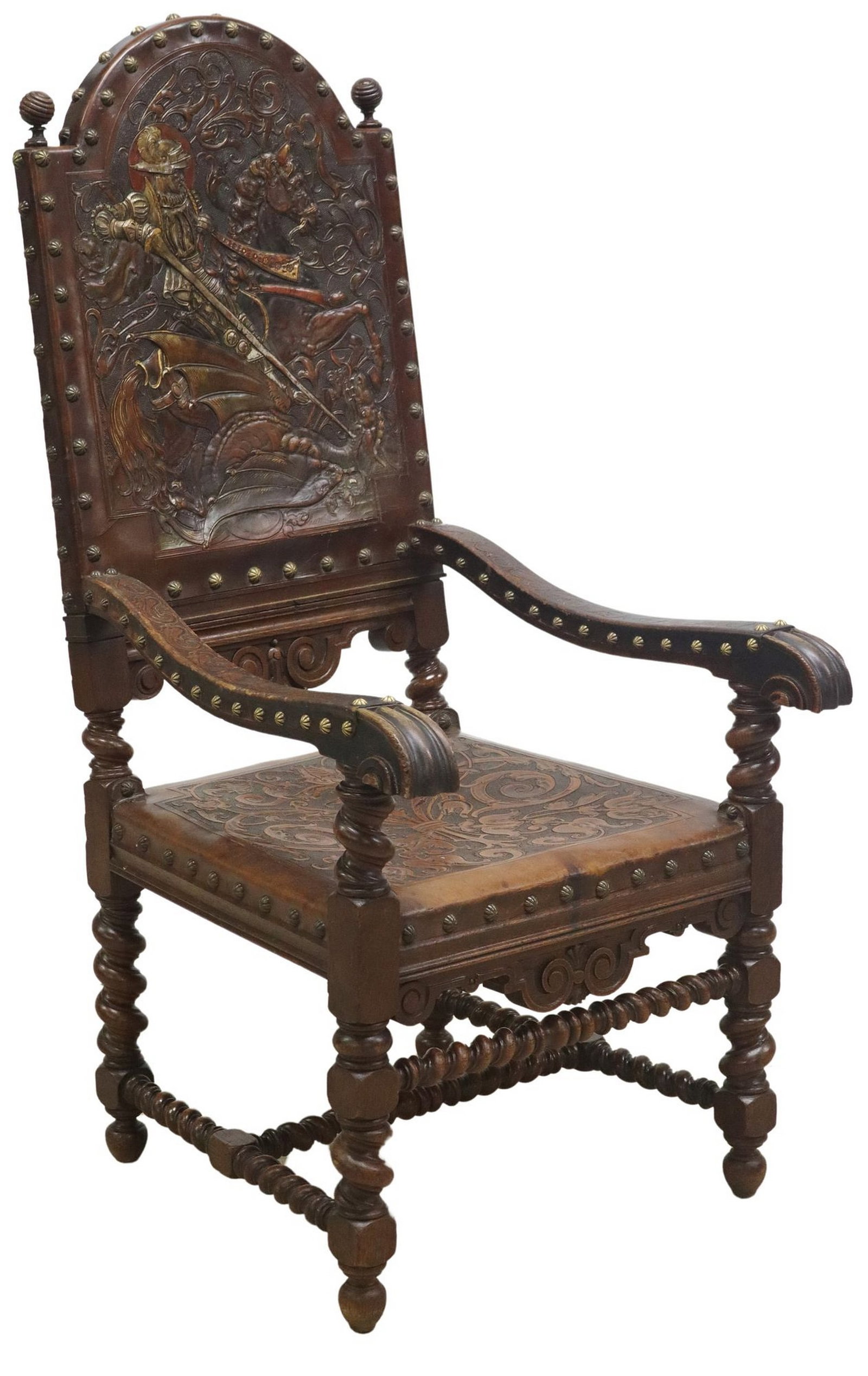 SPANISH EMBOSSED LEATHER ST. GEORGE & THE DRAGON ARMCHAIR: Large Spanish Baroque style oak open armchair, late 19th c., parcel-gilt embossed leather chair back depicting Saint George and the dragon, trimmed with large brass nail-heads, scrolling arms, on stre