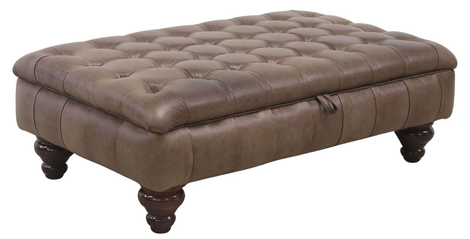 LARGE ENGLISH BUTTON-TUFTED BROWN LEATHER LIFT-TOP STORAGE OTTOMAN: English brown leather ottoman, 21st c., button-tufted lift-top, opening to open storage, on turned legs, approx 15"h, 44"w, 26"d