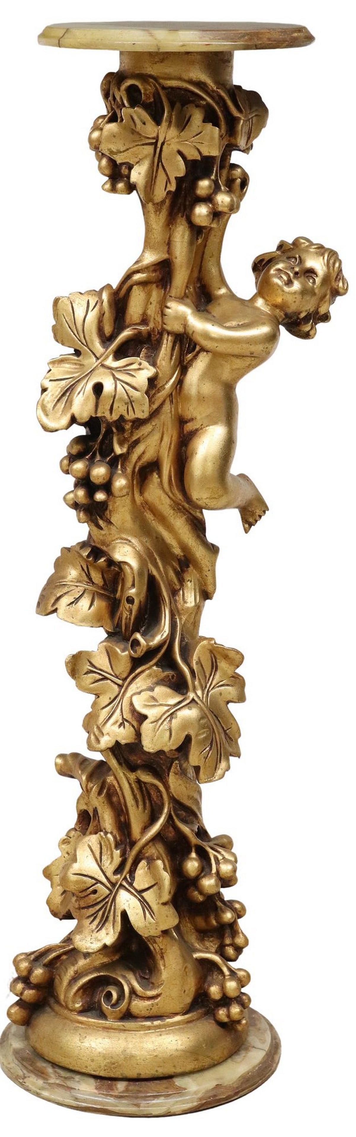FIGURAL PUTTI & GRAPES ONYX & GILT PEDESTAL/ PLANT STAND: Onyx and gilt composite pedestal/ plant stand, 20th c., having round onyx top, rising on elaborate standard with putti clinging to grapes and foliage, rising on round onyx base, top intact with profes