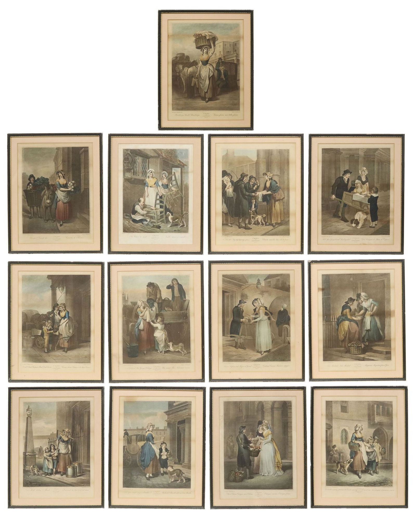 (13) AFTER FRANCIS WHEATLEY (1747-1801) 'CRIES OF LONDON' PLATES 1-13: (lot of 13) Framed engravings in color on paper, "Cries of London," after Francis Wheatley, RA (English, 1747-1801), plates 1 through 13, prints made by Luigi Schiavonett