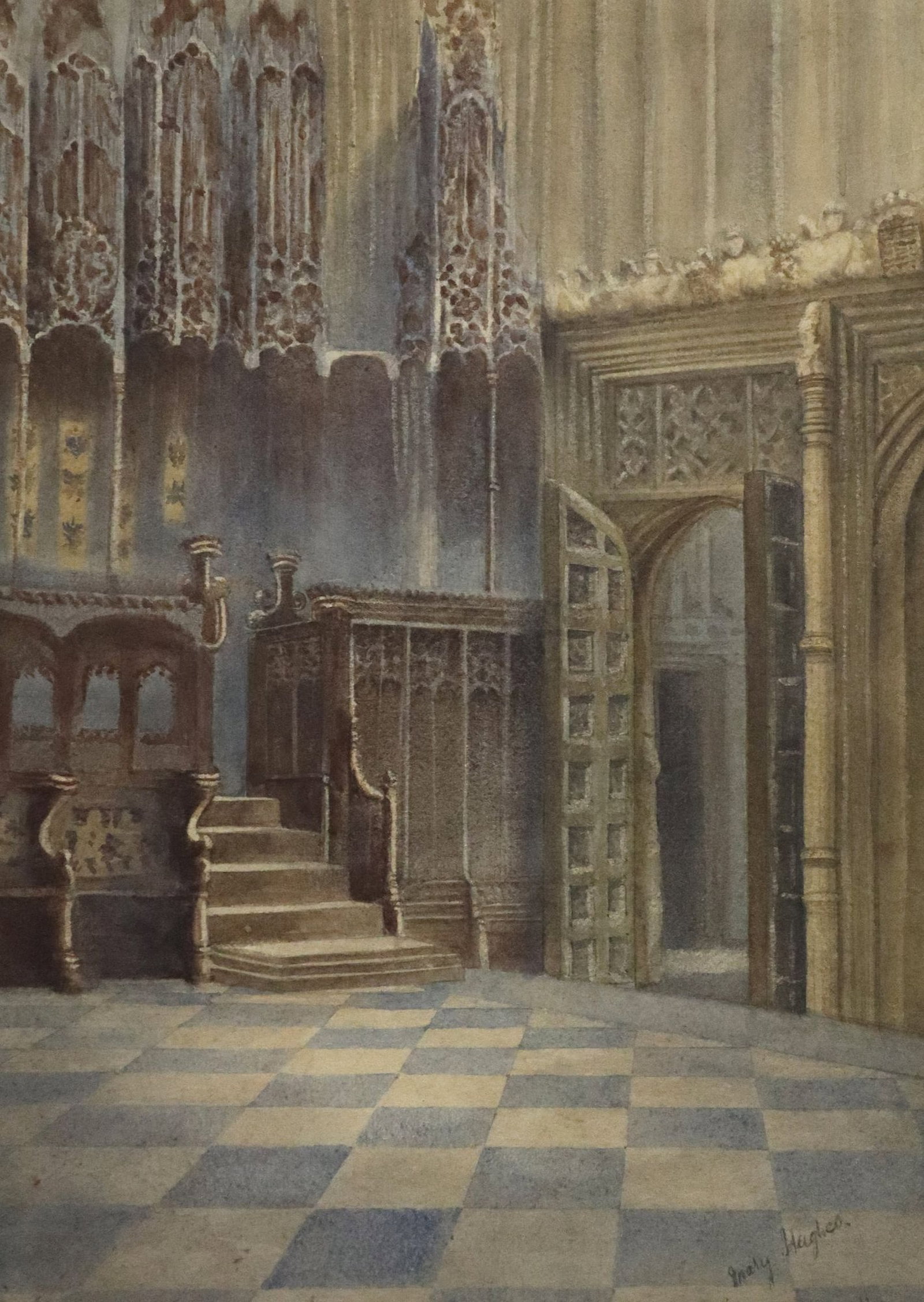 MARY HUGHES WATERCOLOR INTERIOR OF WINCHESTER CATHEDRAL: Framed watercolor painting on paper, Interior of Winchester Cathedral, signed lower right Mary Hughes, sight: approx 13.75"h, 9 7/8"w, overall: approx 23.5"h, 19.5"w, 5.75lbs