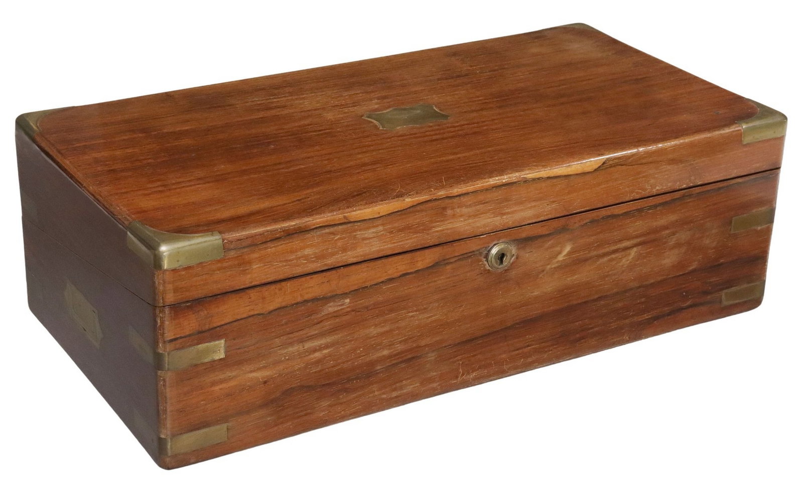 ENGLISH BRASS-BOUND ROSEWOOD CAMPAIGN DESK WRITING SLOPE: English rosewood lap desk/ writing slope, 19th c., brass corner mounts, campaign-style handles, hinged cover enclosing an inset writing surface, pen tray and stamp compartments, two glass inkwells, in