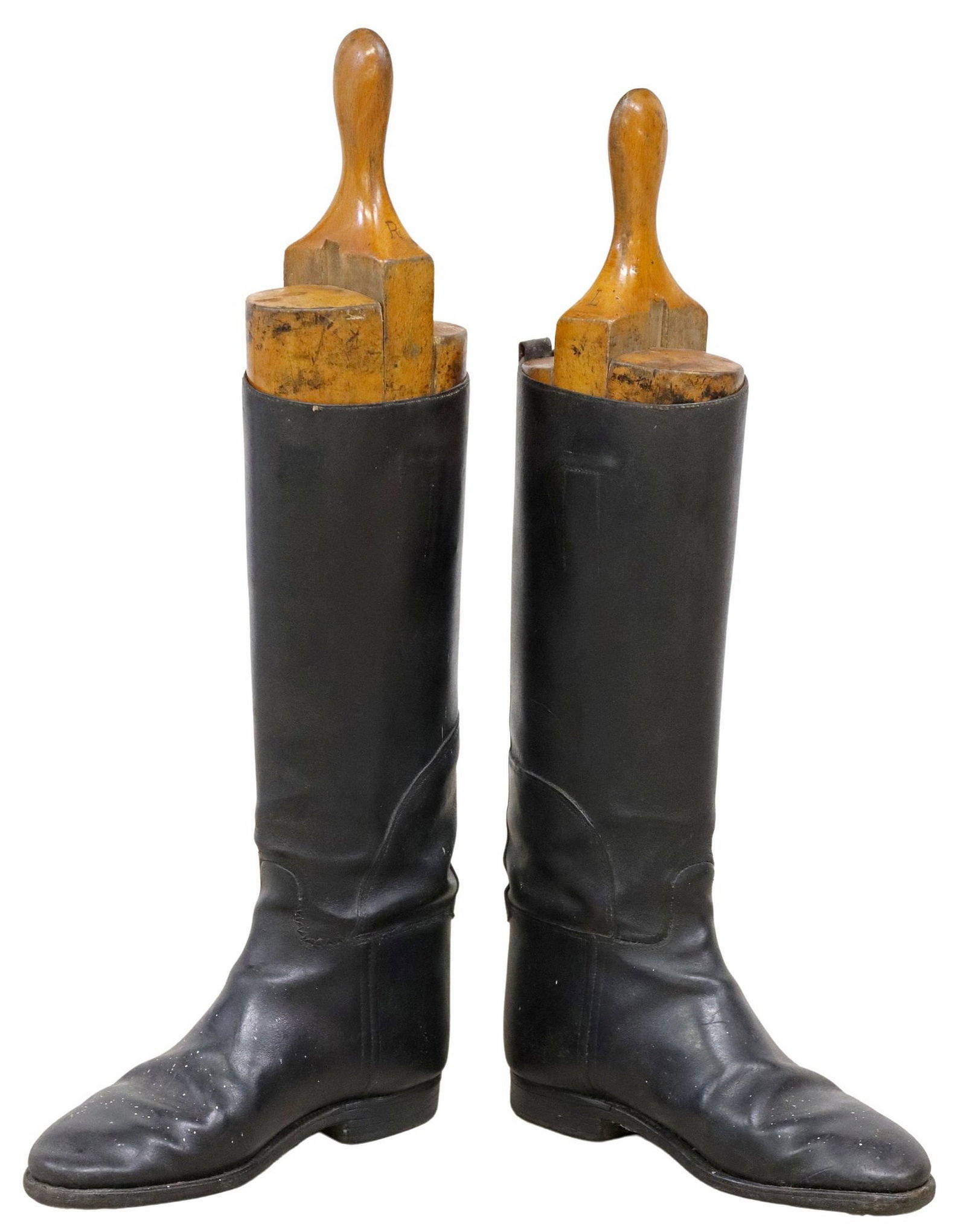 (PR) ENGLISH BLACK LEATHER RIDING BOOTS WITH TREES: (pair) English black leather riding boots, each with boot tree/ shaper, boot: approx 16.5"h, 11"w, 3.75"d, largest overall: approx 23.5"h, 14lbs total