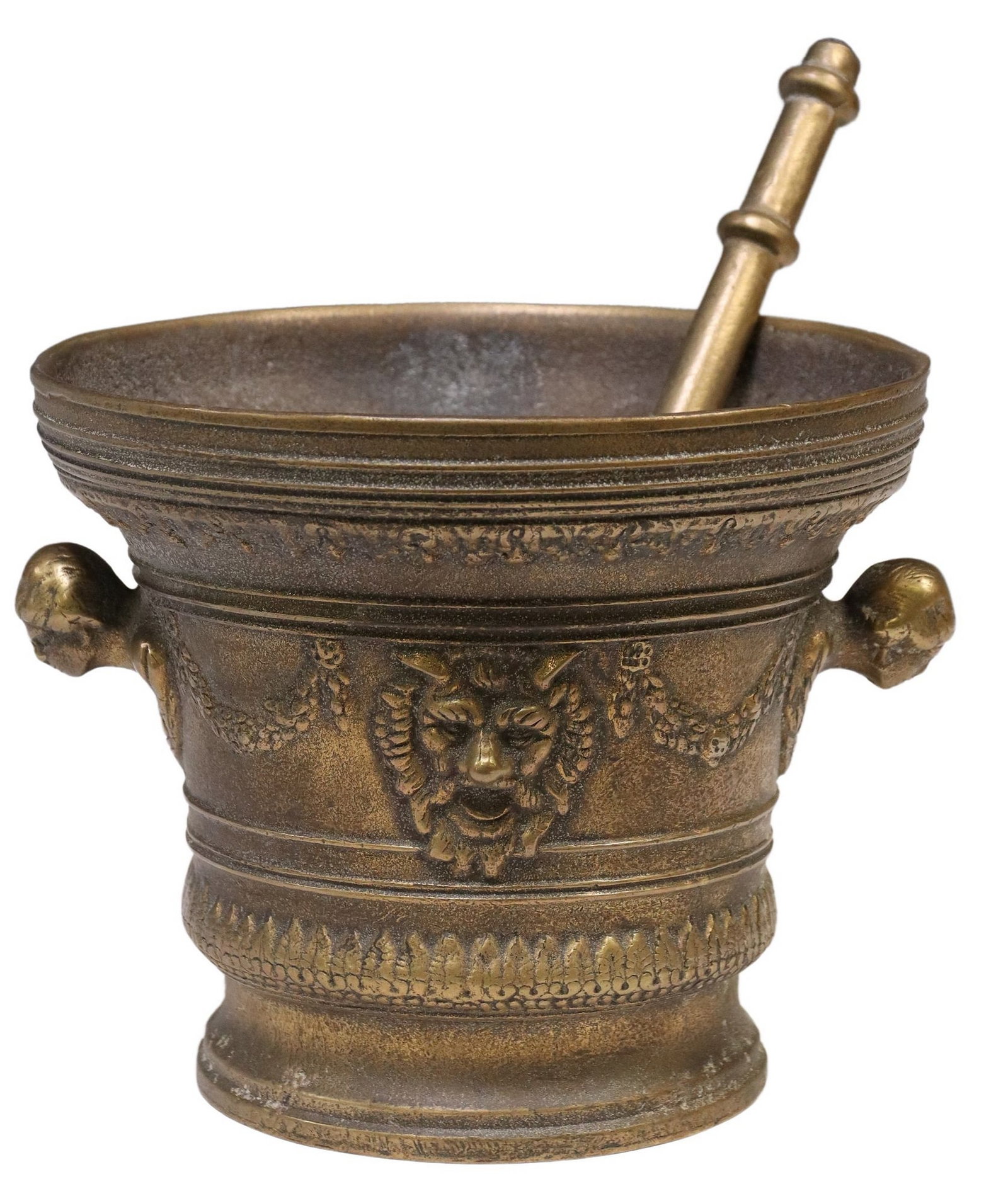 LARGE ITALIAN BRONZE DOUBLE-HANDLED MORTAR & PESTLE: Large Italian bronze mortar and pestle, 20th c., with two projecting masks as handles, Roman numerals MDCXXX (1630), mortar: approx 8.25"h, 10"diam, pestle: approx 13.5"l; 23lbs total