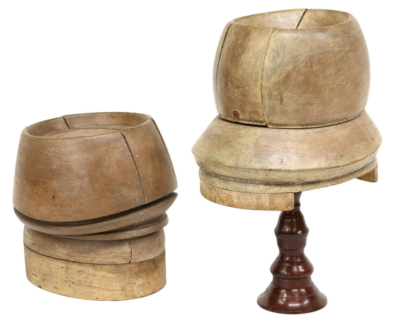 (2) MILLINERY CARVED WOOD PUZZLE HAT BLOCKS, 1 EMPIRE COMPANY: (lot of 2) Milliner's or hatter's carved wood hat blocks, each in five sections, center section affixed to base, including: (1) Empire Hat Block Company, New York, 22 3249, maker's mark at