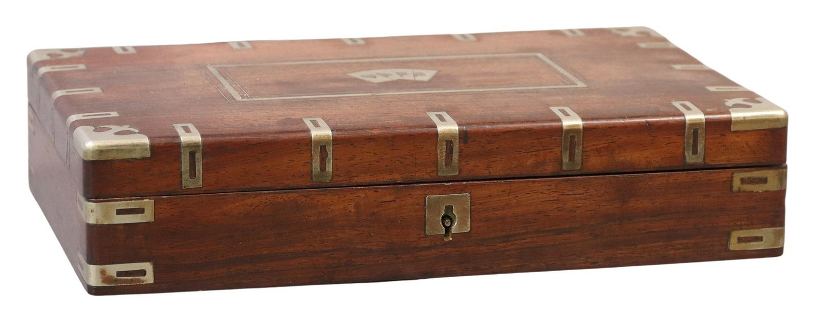 ENGLISH SILVER-TONE METAL INLAID GAMES BOX: English silver-tone metal inlaid games box, early 20th c., having hinged top with game card cartouche, open to divided interior, accompanied by items including: (17) black checker pieces, (15) light b