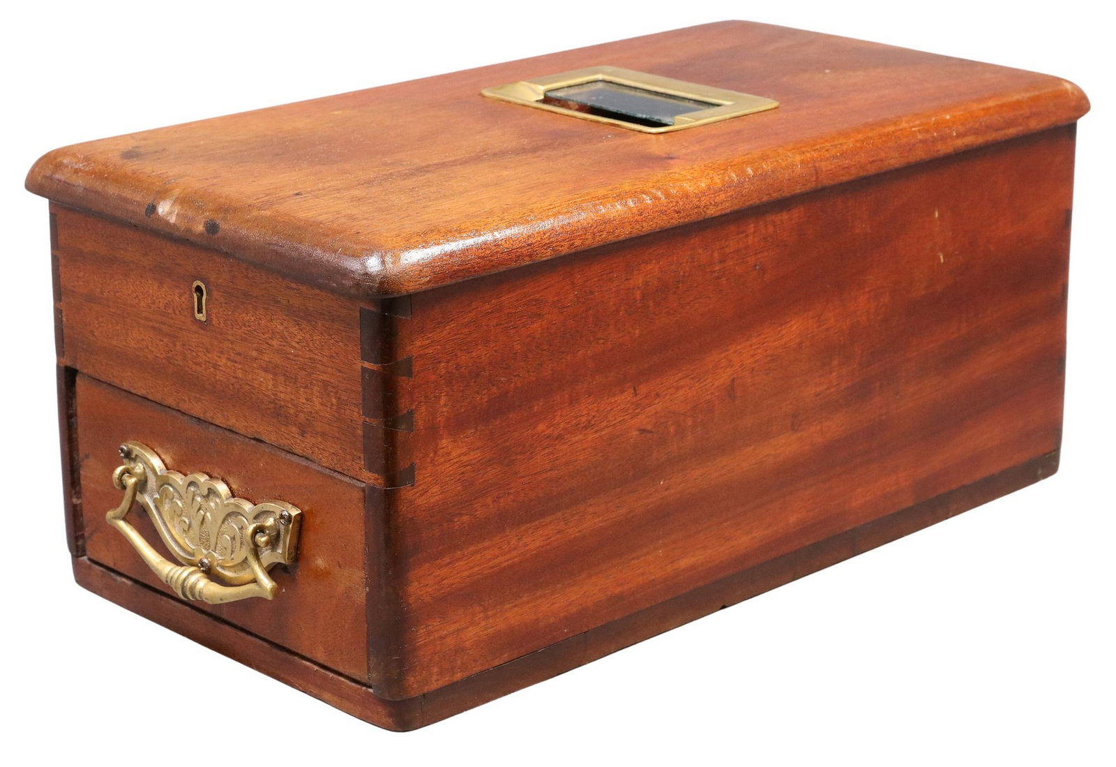 O'BRIAN'S PATENT 'SELF-CLOSING TILL' COUNTERTOP CASH REGISTER: Edwardian countertop cash register, Liverpool, England, early 20th c., rectangular mahogany case, hinged cover, coin tray and sectioned drawer with gilt metal "B" for bills, wood roll f