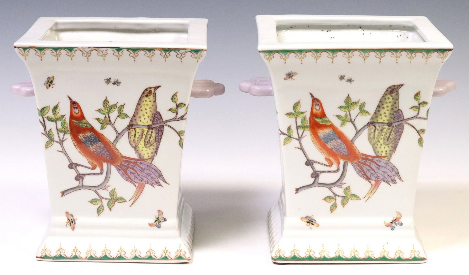(2) CHINOISERIE PORCELAIN SQUARE JARDINIERES OR CACHEPOTS: (pair) Chinoiserie porcelain cachepots/ jardinieres, tapered square body with dual handles, depicting birds perched on foliate branches, with butterflies and geometric trim, approx 8.5"h, 8&