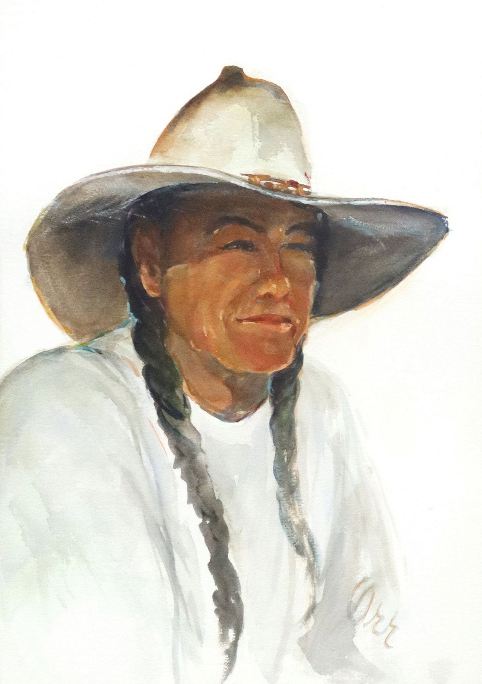 RUTH B. ORR WATERCOLOR NATIVE AMERICAN SUBJECT: Framed watercolor painting on paper, "Osage in Abigu," signed lower right Orr (Ruth B. Orr), signed again and titled verso, sight: approx 20.5"h, 14.5"w, overall: 32.75"h, 26.