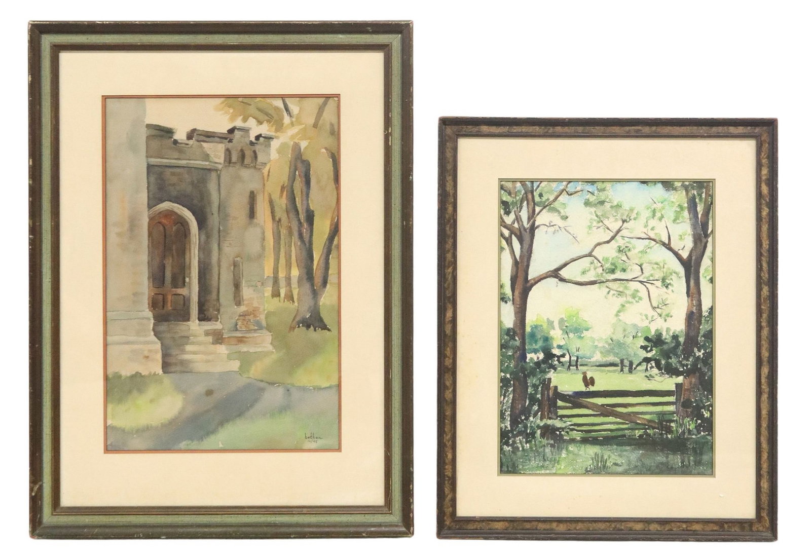 (2) BETHEA WARD (TX, 1924-2007) WATERCOLOR PAINTINGS: (lot of 2) Framed watercolor paintings on paper, Bethea Ward (Alabama, Texas, 1924-2007), including: (1) Doorway, signed lower right bethea, dated 10/[19]45, sight: approx 17.5"h, 11.5"