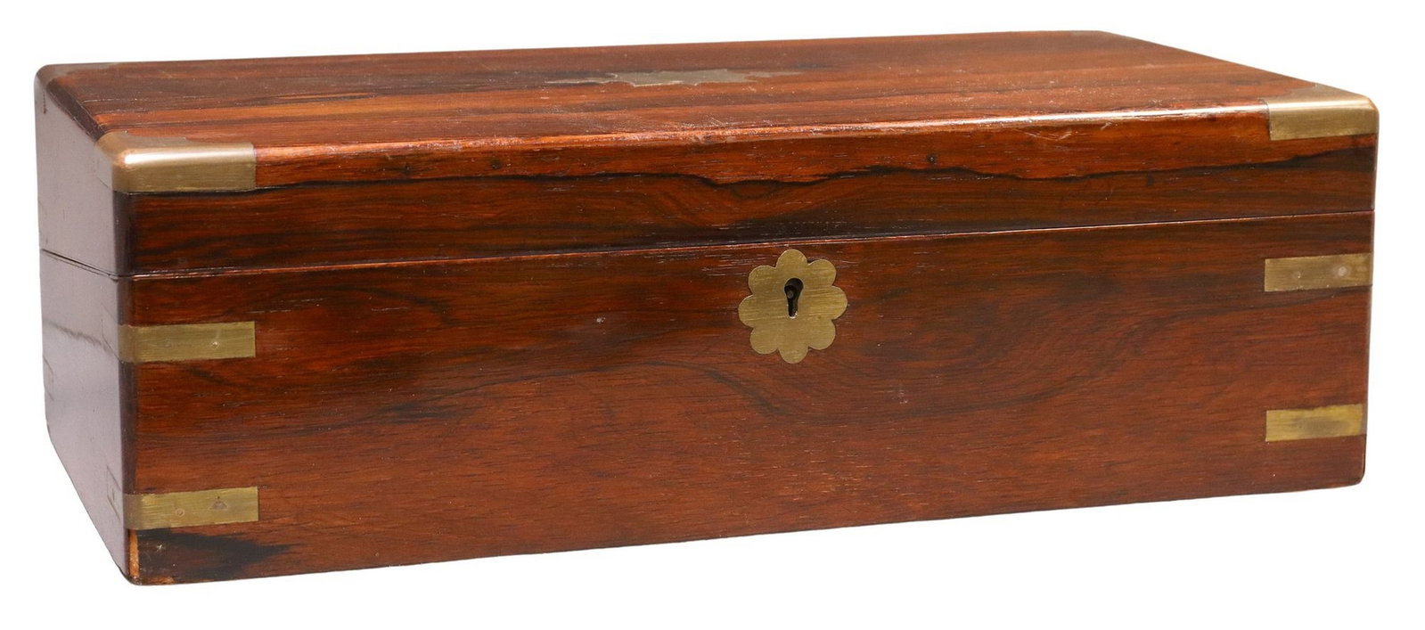 ENGLISH BRASS-BOUND ROSEWOOD TABLE BOX: English brass-bound rosewood table box, late 19th c., having hinged lid with vacant cartouche, open storage interior, formally writing slope/ travel desk, veneer loss to back corner, approx 