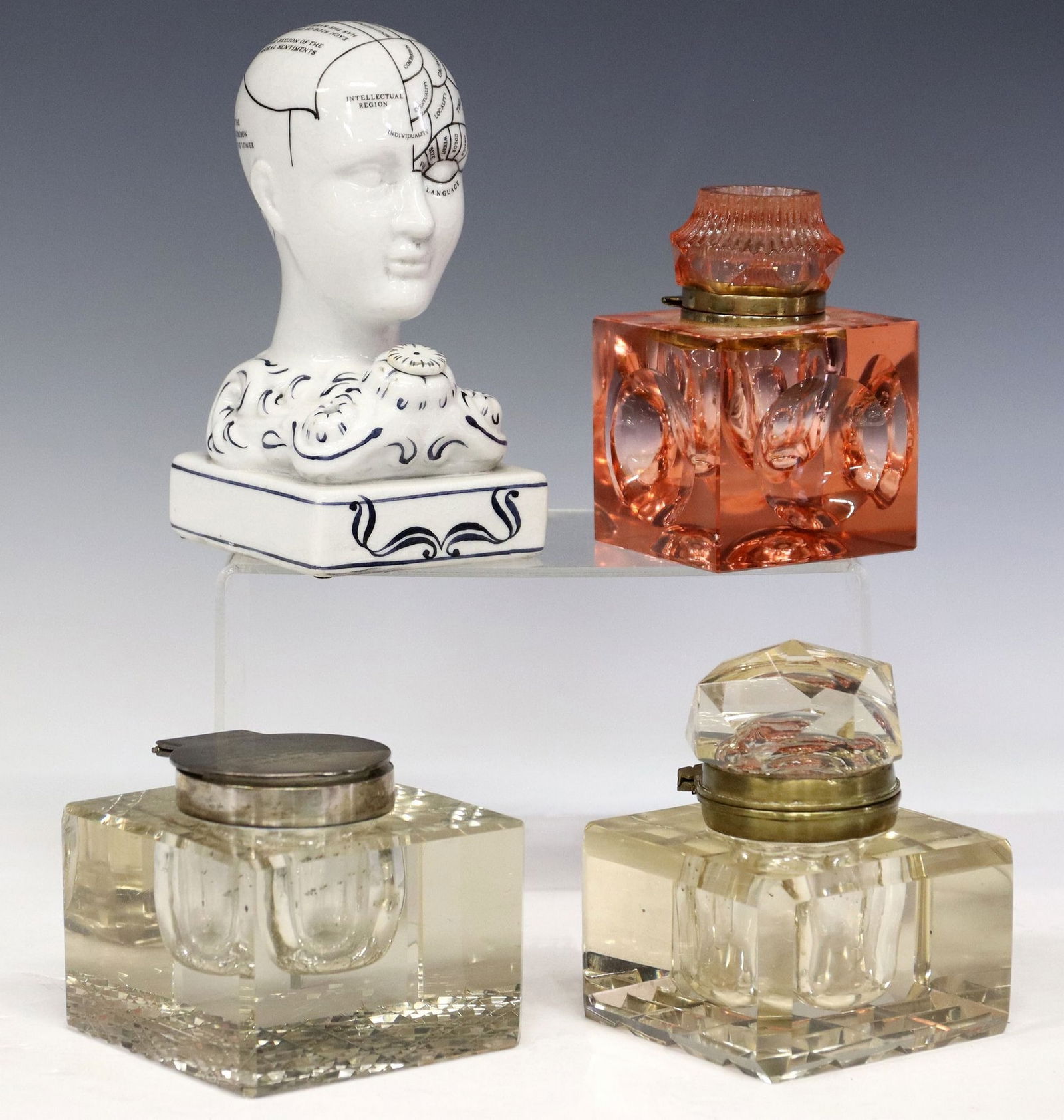 (4) CUT GLASS & PHRENOLOGY BUST INKWELLS: (lot of 4) Inkwells, including: (1) glass inkwell with hobnail-cut base, silverplate hinged cover and collar, marked H & Co Ld, presentation engraving "S. Webb-Johnson, from the committee of
