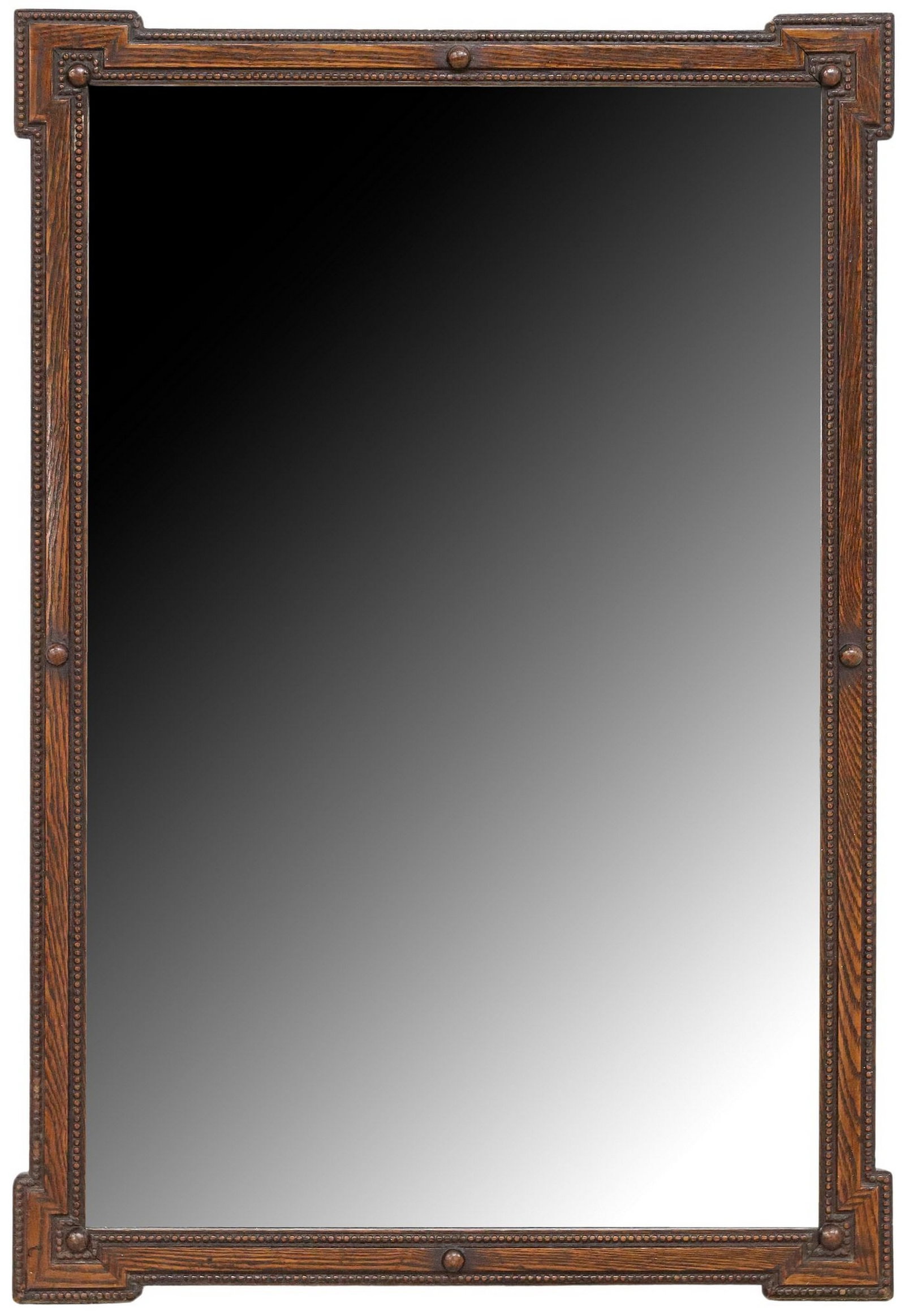 ENGLISH EDWARDIAN CARVED OAK BEVELED WALL MIRROR: English Edwardian carved oak wall mirror, early 20th c., rectangular frame with beaded trim, encasing beveled mirror plate, approx 31.5"h, 21.25"w, 16.75lbs