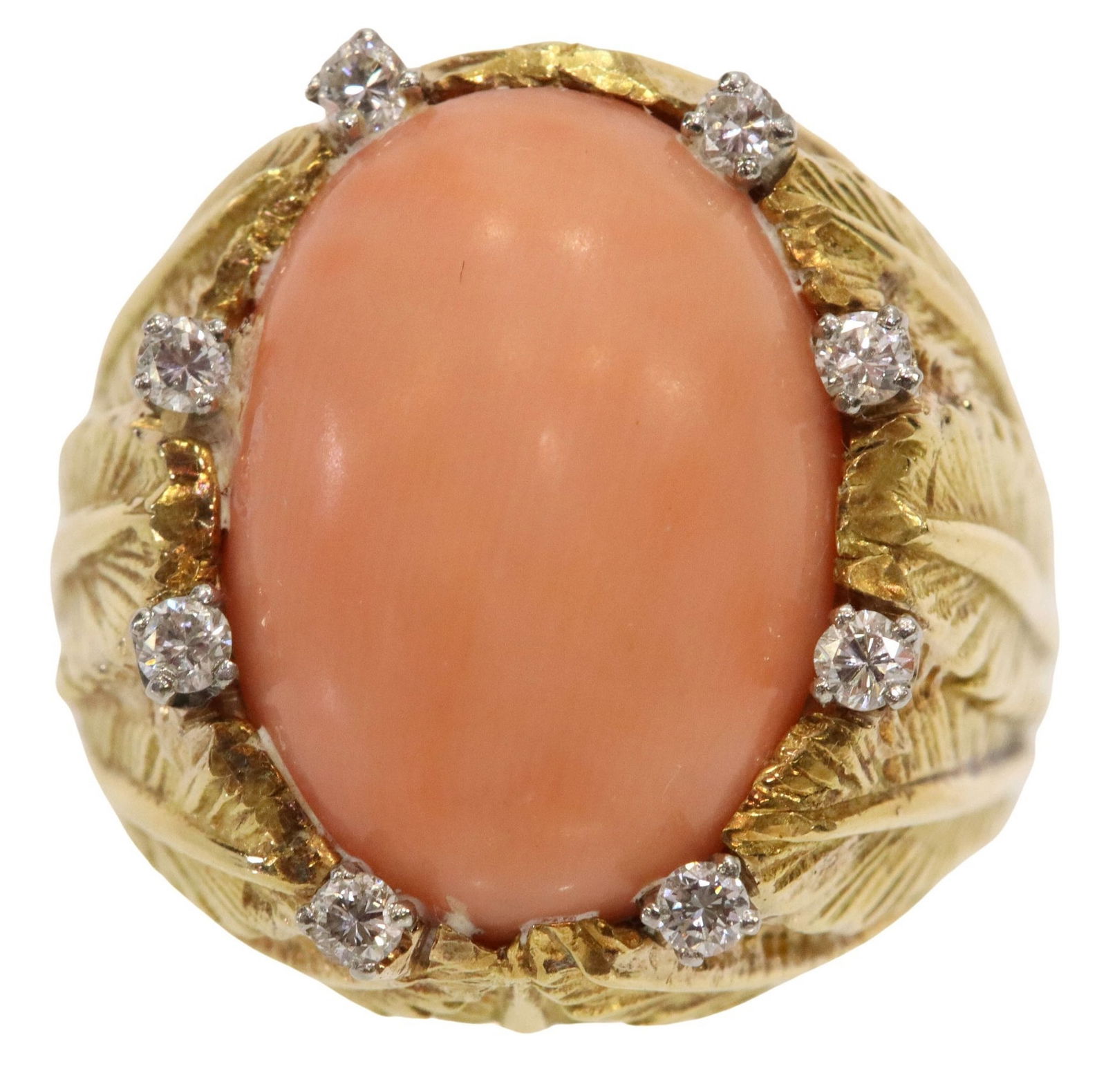 ESTATE 18KT GOLD CABOCHON ANGEL SKIN CORAL & DIAMOND RING (1 of 5)