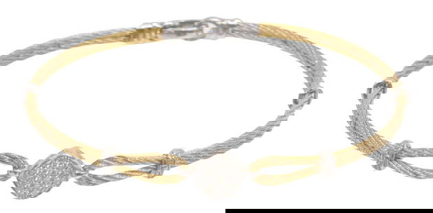 ESTATE DESIGNER CHARRIOL DIAMOND & STEEL CABLE BRACELET: Estate yellow gold plated stainless steel bracelet, Charriol, doubled twisted cable, 18kt white gold (tested) center station set with nineteen diamonds, approx 0.07cttw, average color: H-I, average cl
