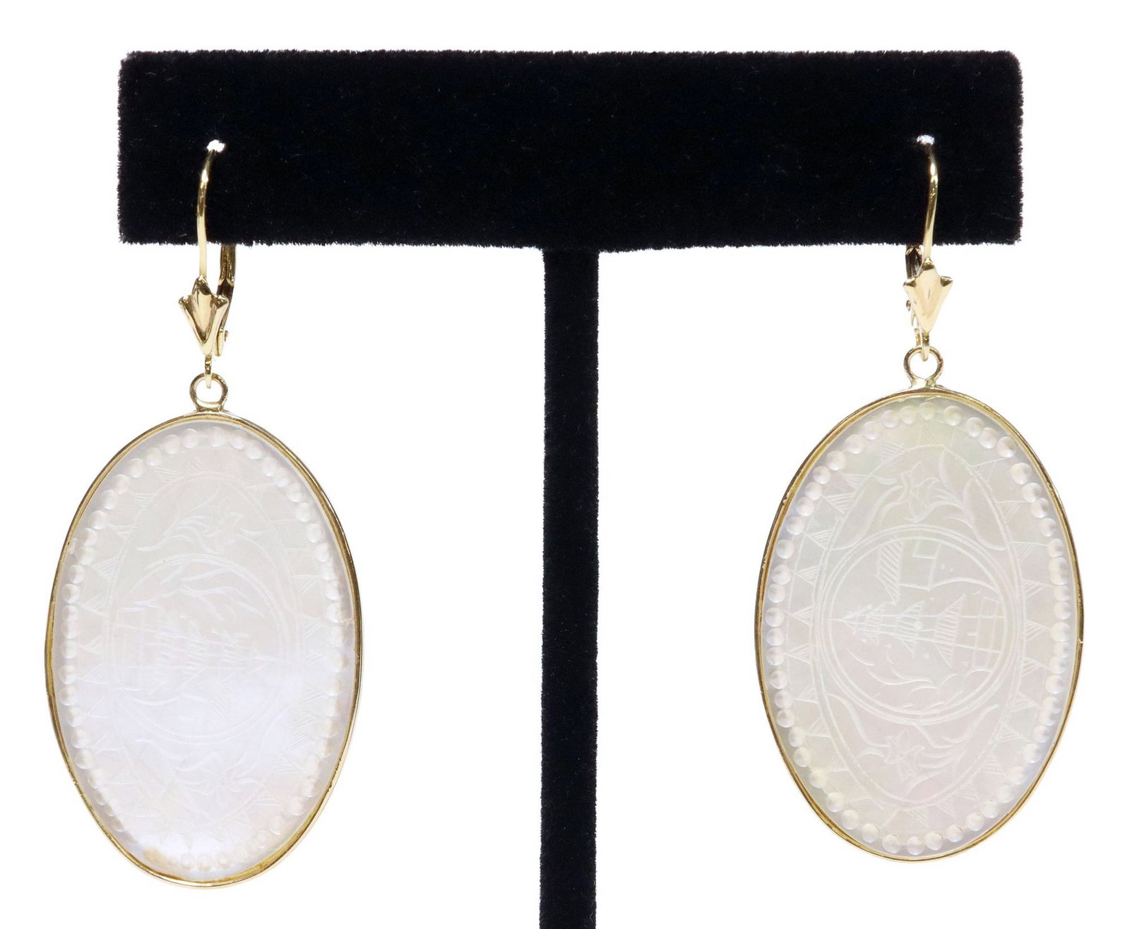 (PAIR) ESTATE 14KT GOLD CHINESE MOP GAMING COUNTER DROP EARRINGS: (pair) Estate 14kt yellow gold earrings, bezel-set drops fashioned from Chinese carved mother-of-pearl gaming counters, lever backs, approx 2 1/8"l, 15/16"w, 5.4 grams total (inclusive 