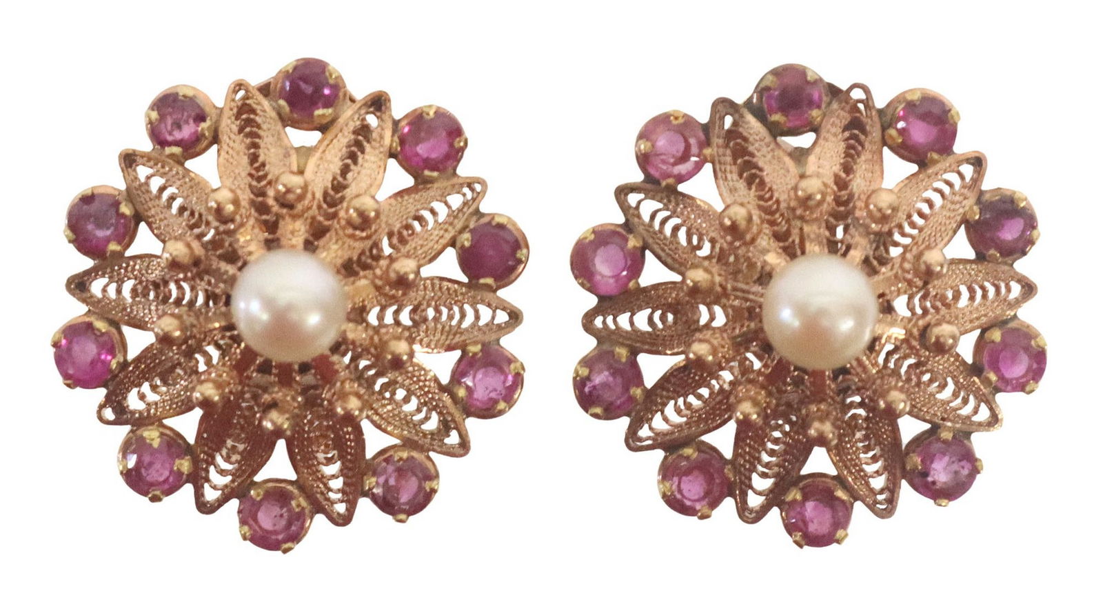 (PAIR) ESTATE 14KT ROSE GOLD PEARL & RUBY FILIGREE EARRINGS (1 of 3)