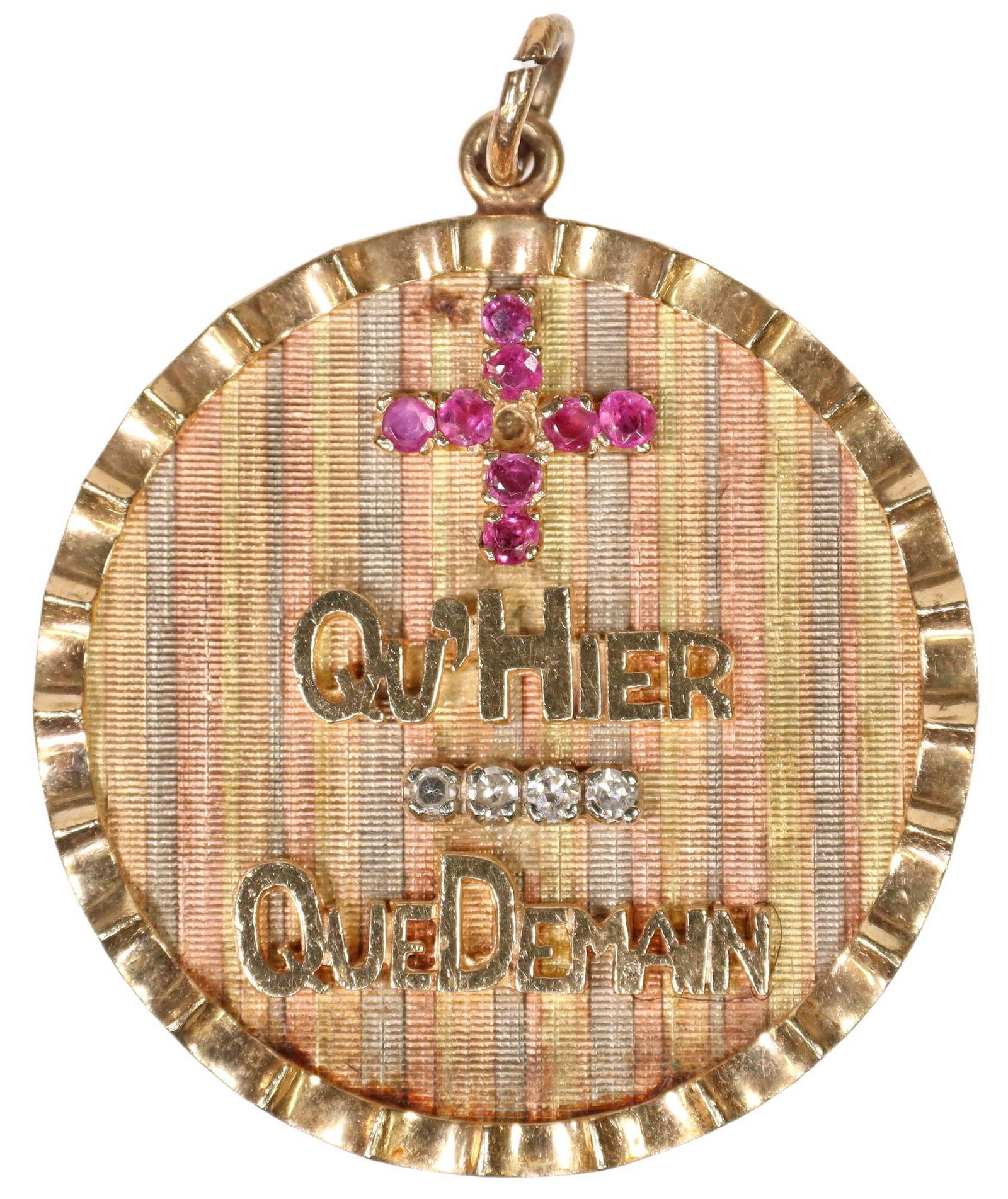 ESTATE 14KT TRICOLOR GOLD & DIAMOND POEM PENDANT 'QU'HIER, QUE DEMAIN' (1 of 4)