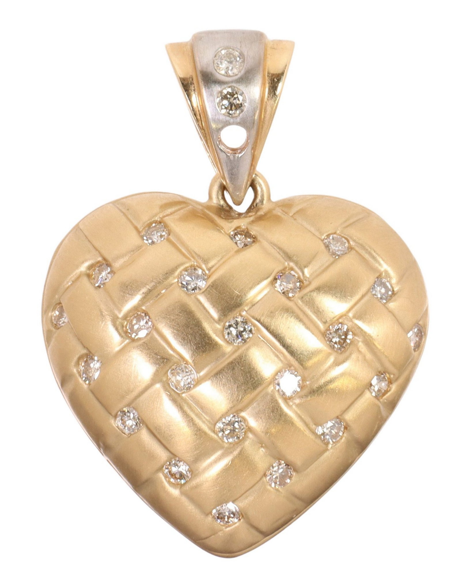 ESTATE 14KT GOLD DIAMOND-SET HEART-SHAPED PENDANT: Estate 14kt yellow gold pendant, hollow half heart in a brushed finish, woven pattern set with small diamonds, marked LGL 14K, lacking (one) diamond in bail, approx 1 3/16"l, 7/8"w, 4.5 gram