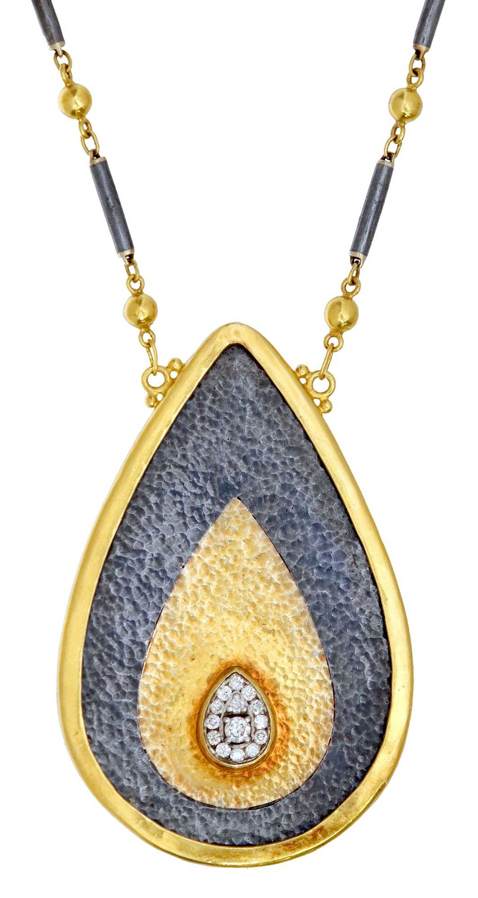 ESTATE GURHAN 24KT GOLD & BLACKENED SILVER DIAMOND NECKLACE: Estate 24kt yellow gold and blackened silver pendant necklace, Gurhan, teardrop-shaped pendant set with cluster of fourteen diamonds, approx 0.25cttw, average color: G-H, average clarit