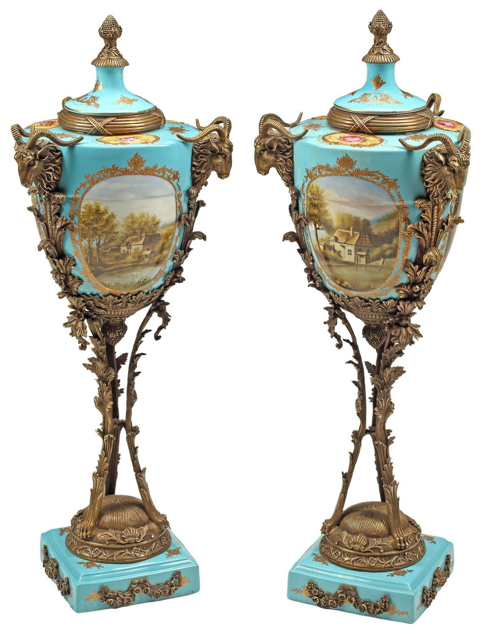 (2) LARGE FRENCH ORMOLU-MOUNTED SEVRES-STYLE PORCELAIN URNS (1 of 6)