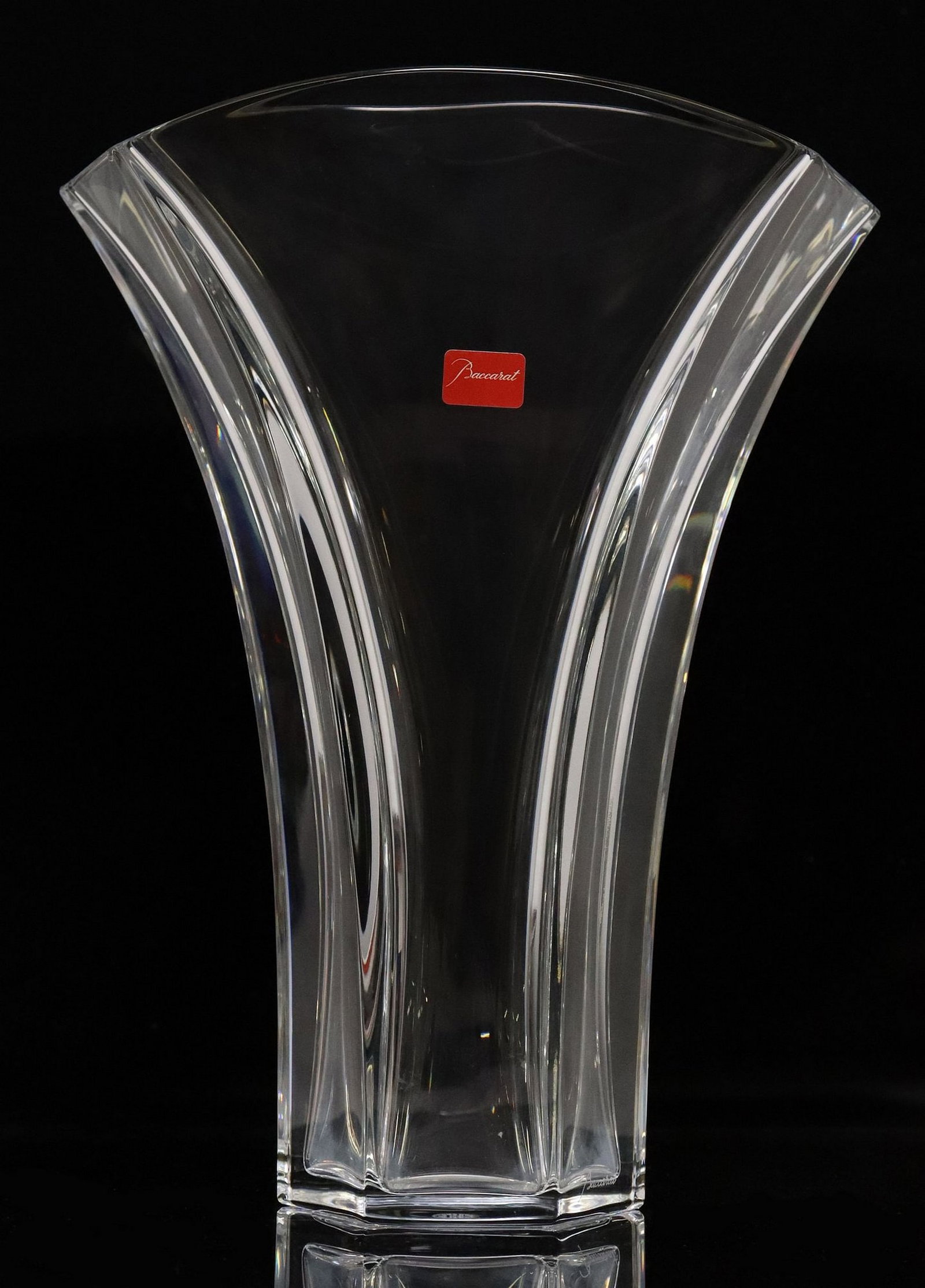 FRENCH BACCARAT CLEAR CRYSTAL 'GINKGO' VASE IN BOX: French Baccarat clear crystal "Ginkgo" vase, tapering form, acid-etched mark underfoot, housed in a branded box, vase: approx 9.25"h, 6.75"w, 3"d, box: approx 6"h, 1