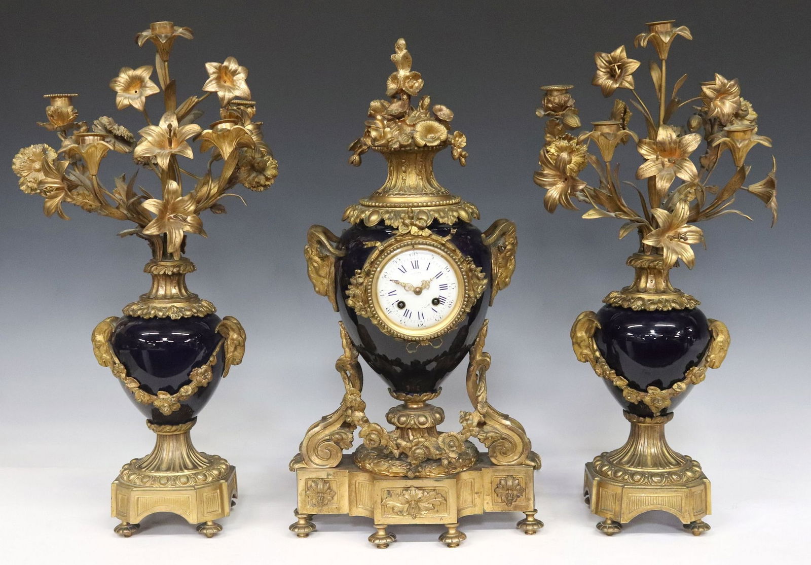 (3) FRENCH ORMOLU & COBALT-BLUE GROUND PORCELAIN CLOCK GARNITURE (1 of 6)