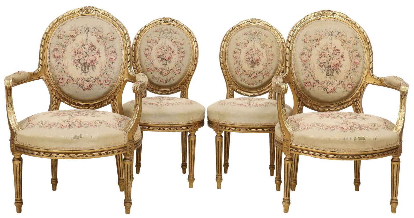 (4) FRENCH LOUIS XVI STYLE NEEDLEWORKK-UPHOLSTERED GILTWOOD SALON CHAIRS (1 of 5)