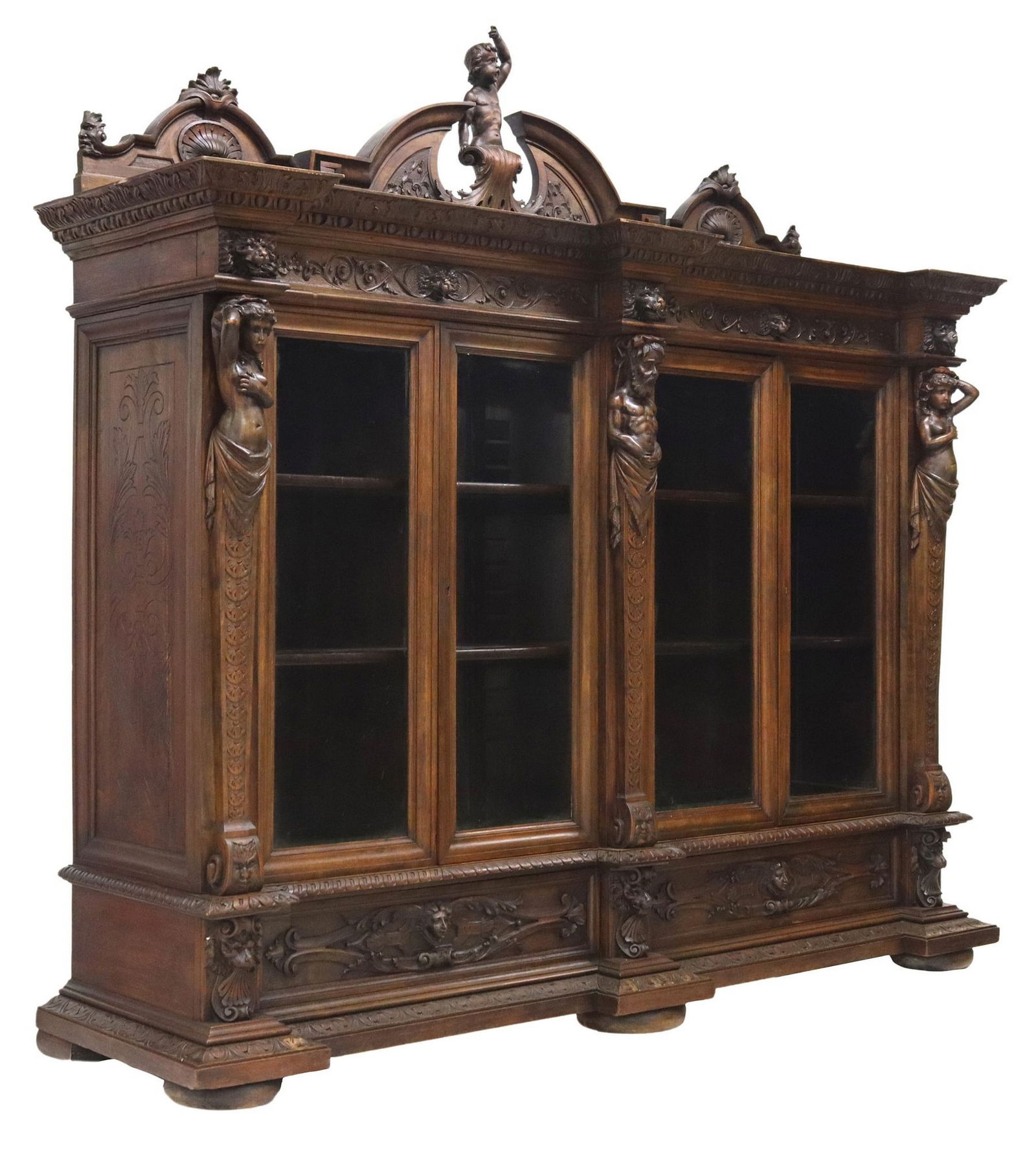 FRENCH RENAISSANCE REVIVAL FIGURAL CARVED WALNUT BOOKCASE (1 of 8)