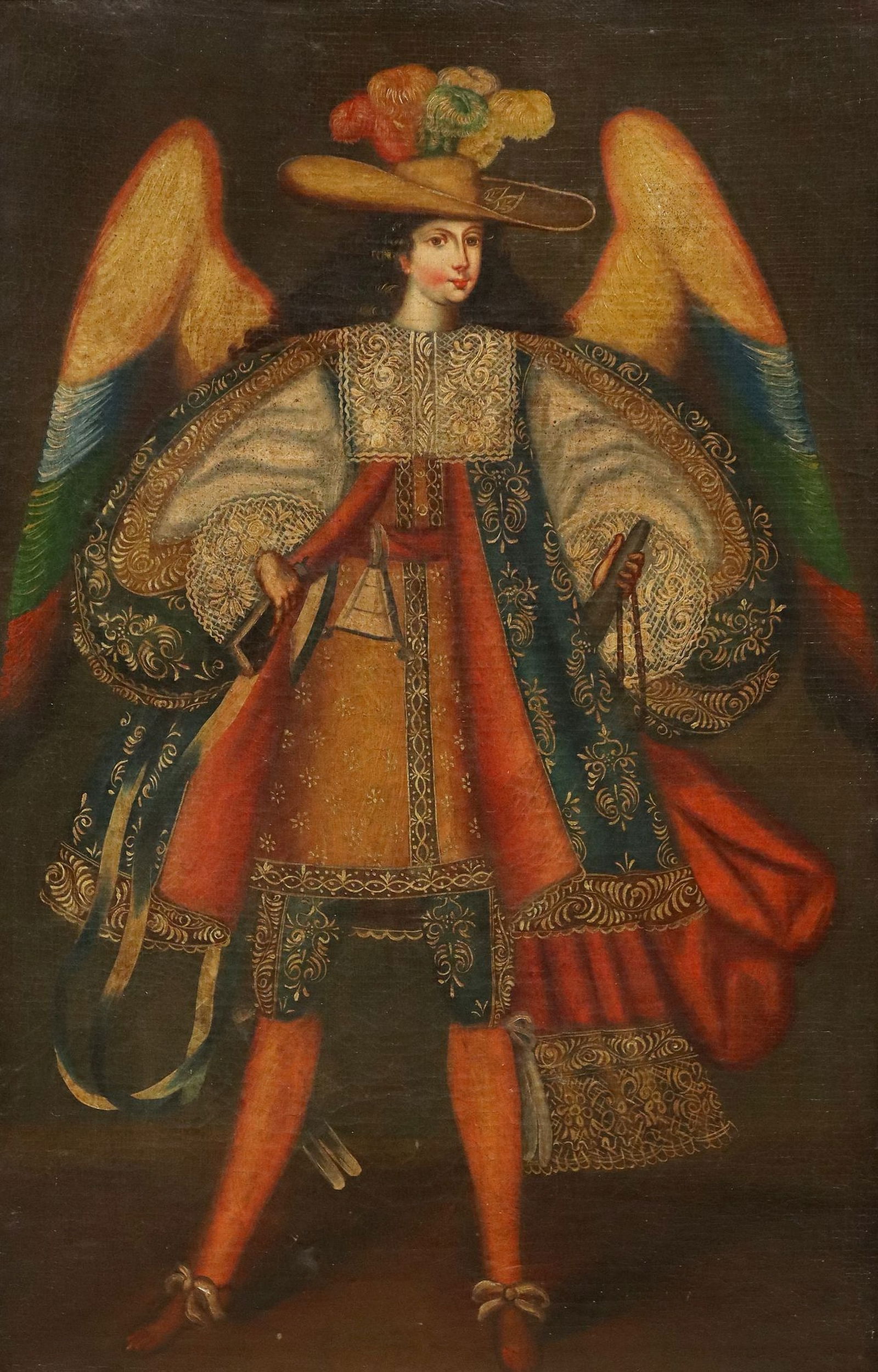CUZCO SCHOOL STYLE OIL PAINTING ARCHANGEL: Cuzco School style oil on canvas painting, Angel with Powder Flasks, relined, sight: approx 29 5/8"h, 19 1/8"w, overall: 35.25"h, 25"w, 6.25lbs