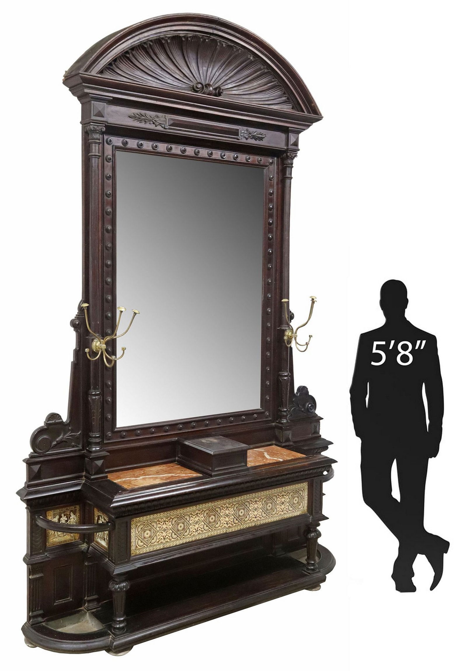 LARGE SPANISH MIRRORED WALNUT HALL TREE WITH MINTON TILE FRIEZE, 103"H (1 of 9)