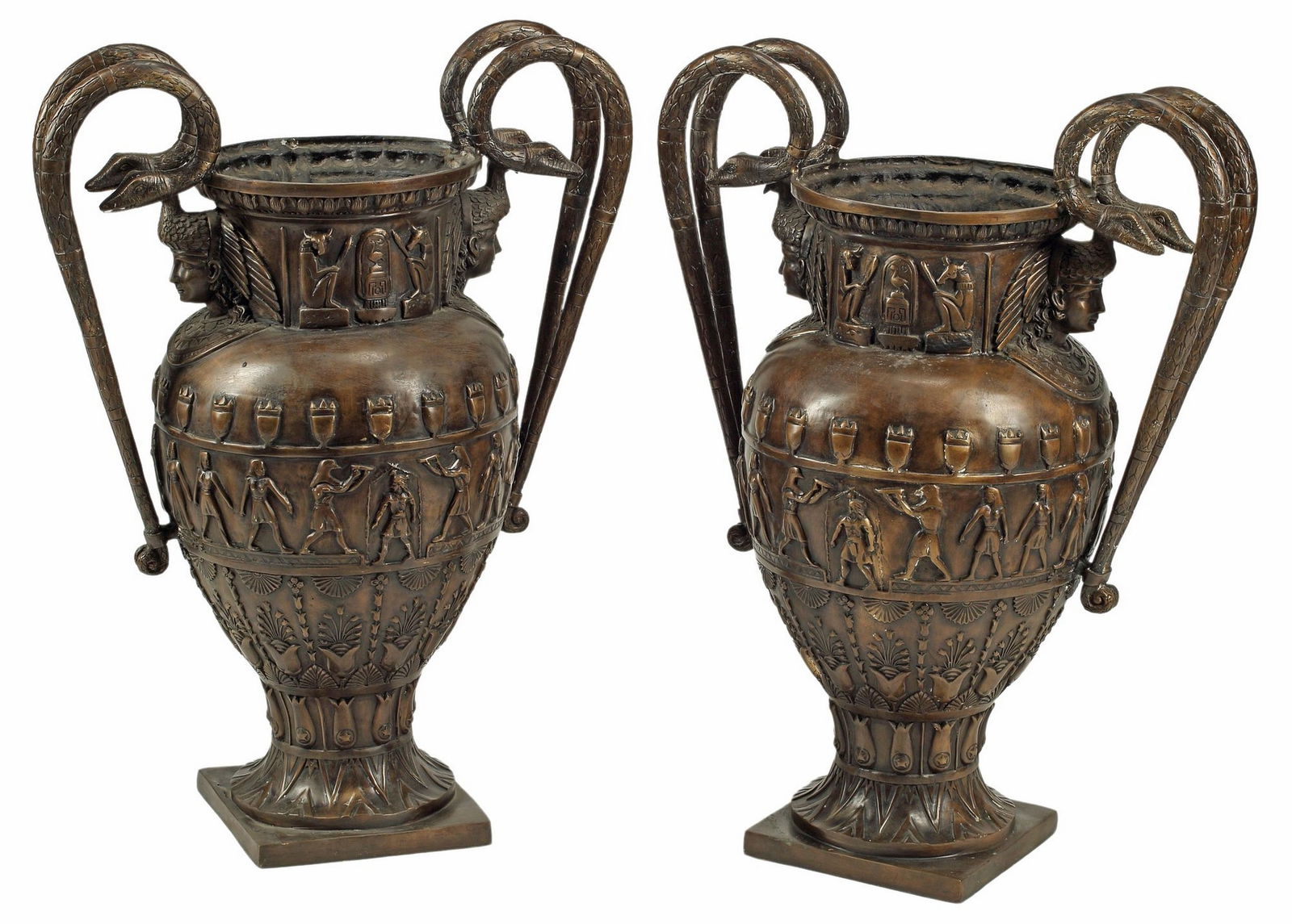 (2) EGYPTIANESQUE PATINATED BRONZE SERPENT-HANDLED VASES (1 of 5)