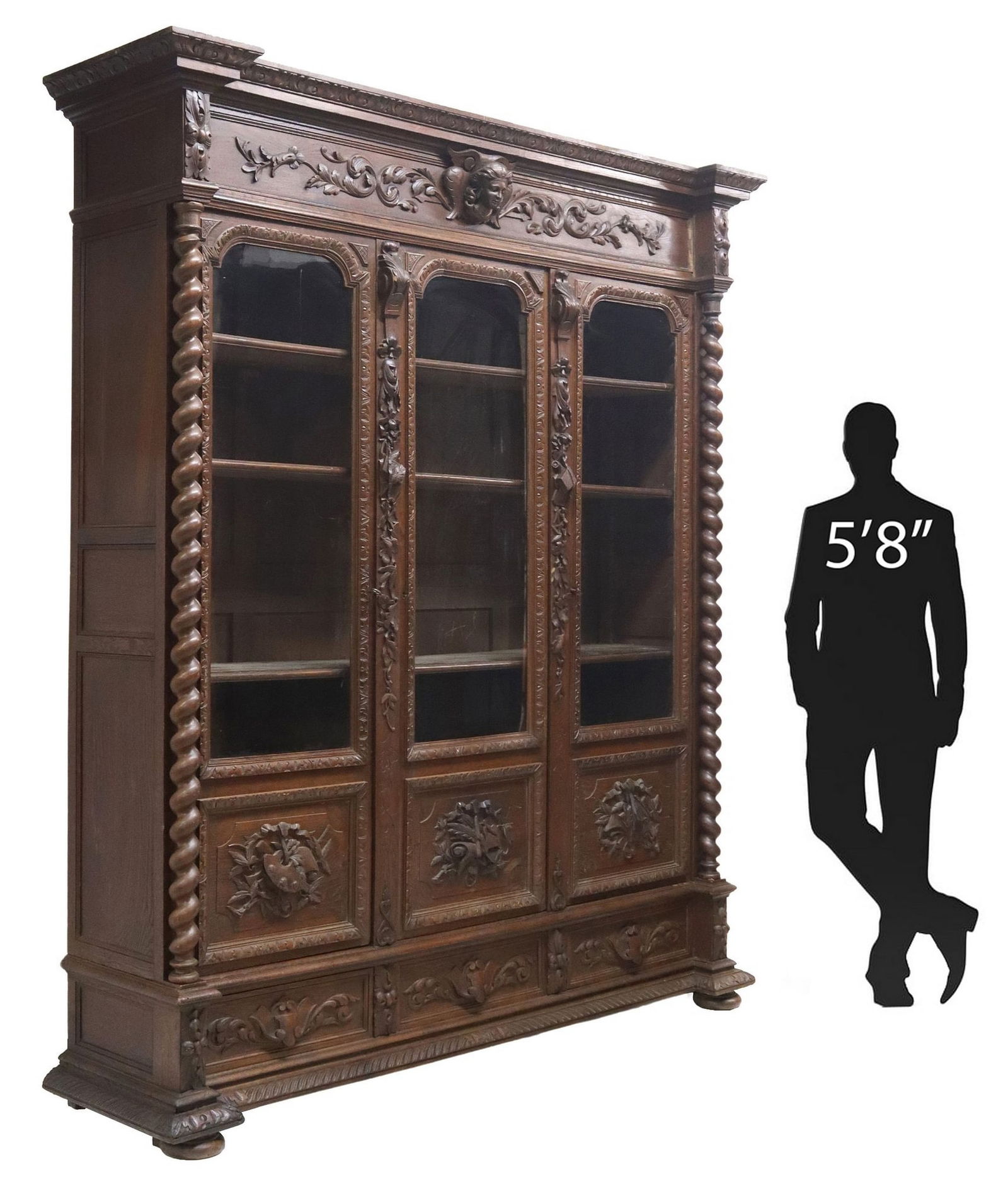 FRENCH CARVED OAK LIBRARY TRIPLE BOOKCASE (1 of 6)