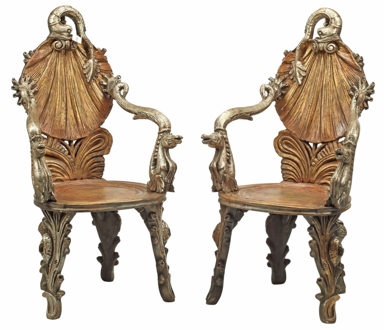 (2) VENETIAN STYLE PAINTED & SILVER GILT 'GROTTO' ARMCHAIRS (1 of 5)