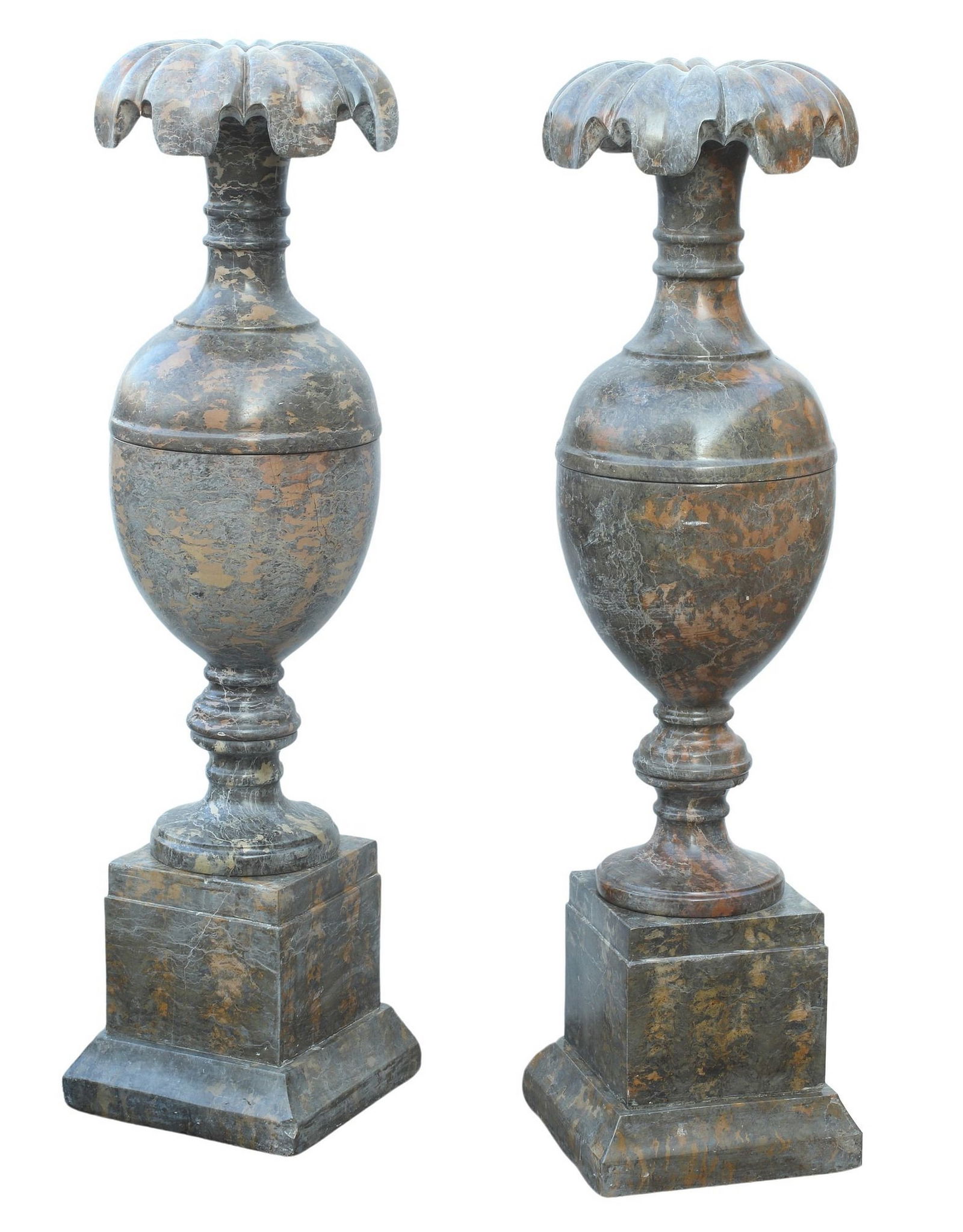 (2) LARGE VARIEGATED MARBLE VASES ON PLINTHS, 47"H (1 of 5)