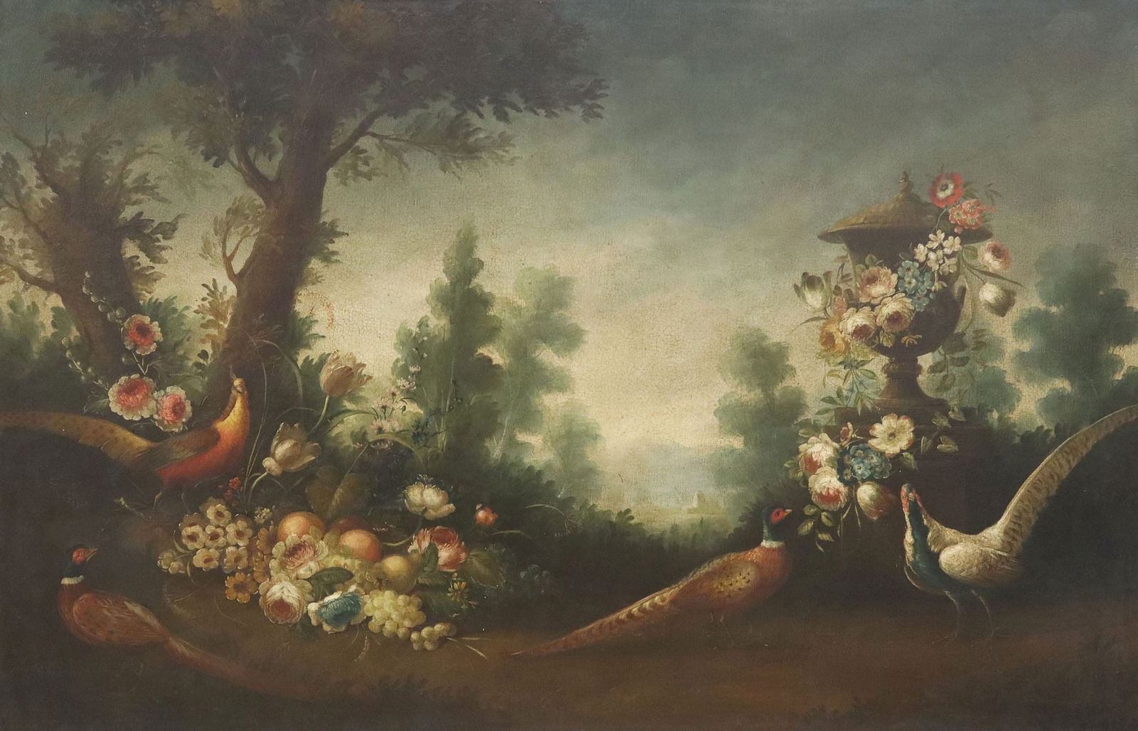 FRAMED OIL PAINTING PHEASANTS IN A PARK LANDSCAPE, 47.25" X 72.75" (1 of 4)