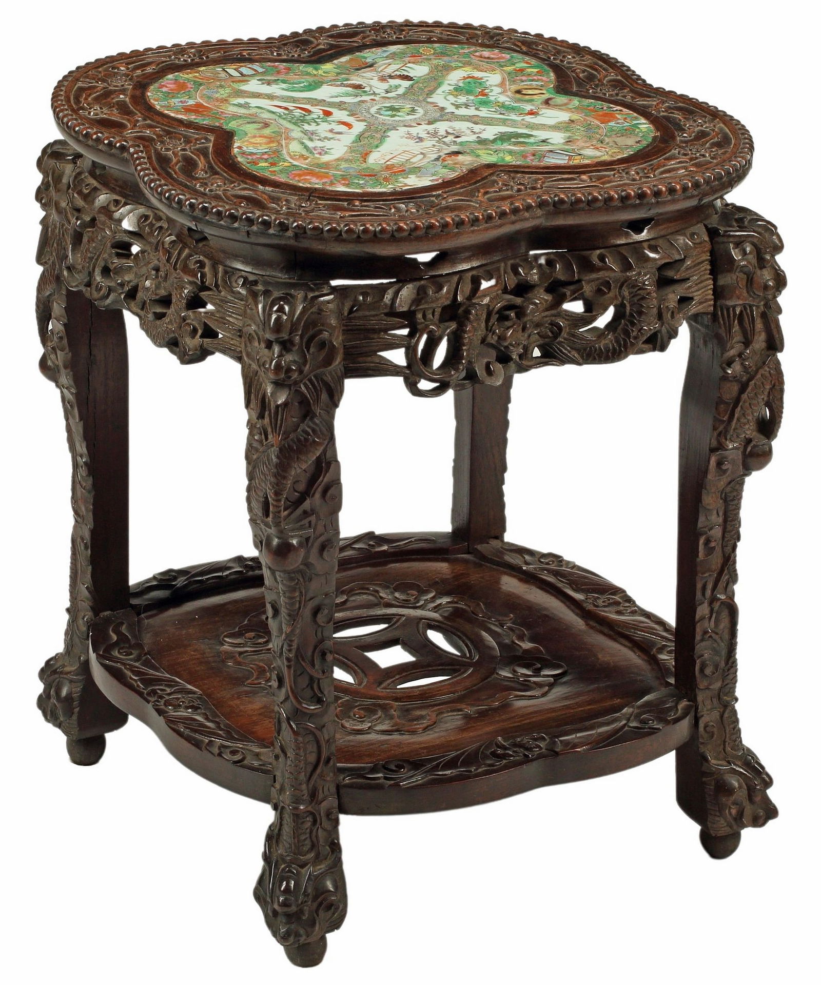 CHINESE CARVED & CANTON FAMILLE ROSE PORCELAIN INSET TABLE (1 of 4)