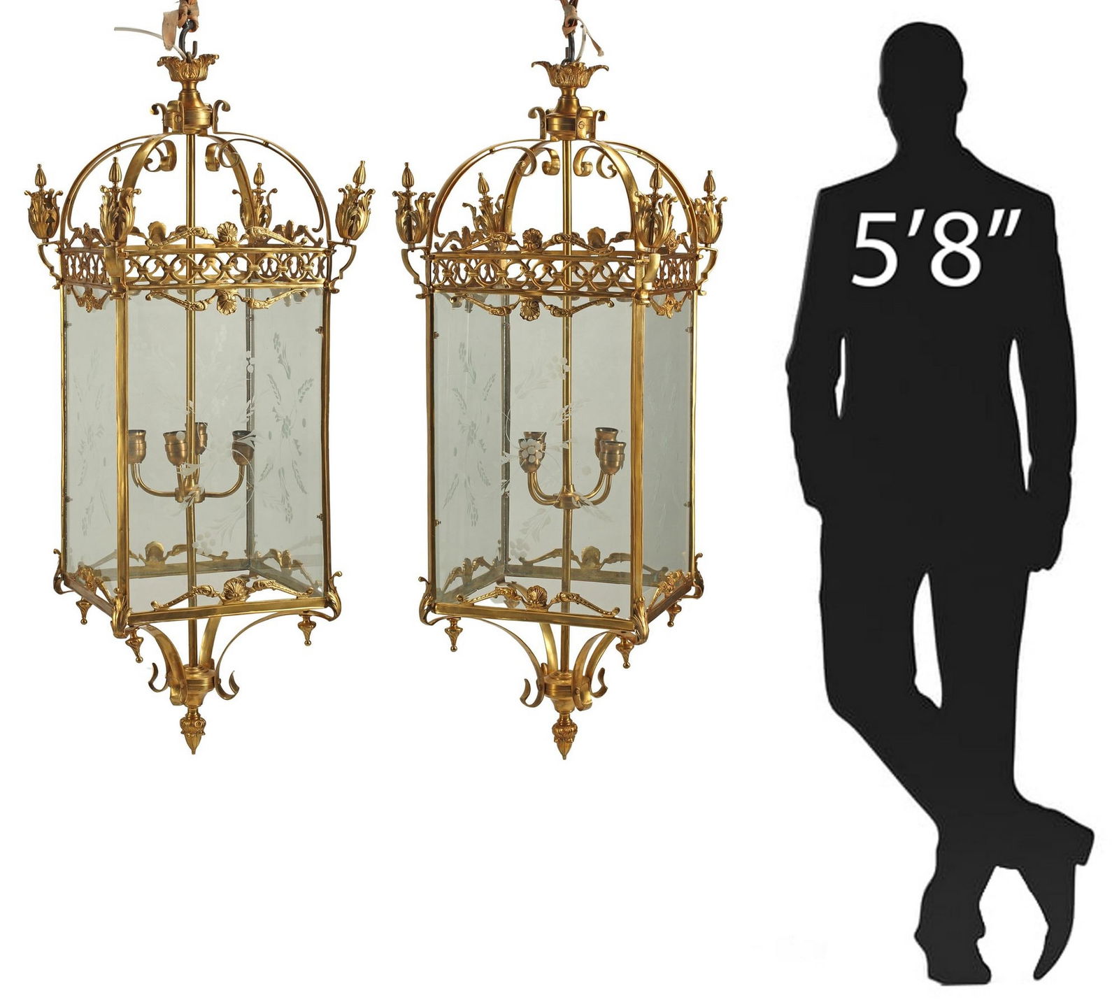 (2) LOUIS XVI STYLE ORMOLU & ETCHED GLASS HALL LANTERNS, 49" X 18" (1 of 3)