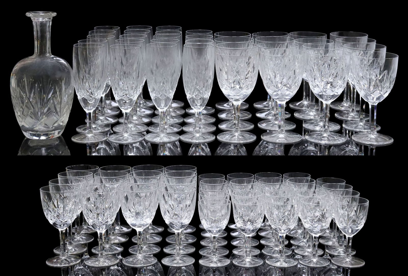 (76) VILLEROY & BOCH 'PHOENIX' CRYSTAL STEMWARE SERVICE: (lot of 76) Villeroy & Boch "Phoenix" crystal drinks service, fan and crosshatch pattern, including: (16) water goblets, 6.25"h, 3 1/8"diam, (16) claret wine glasses, 5 3/