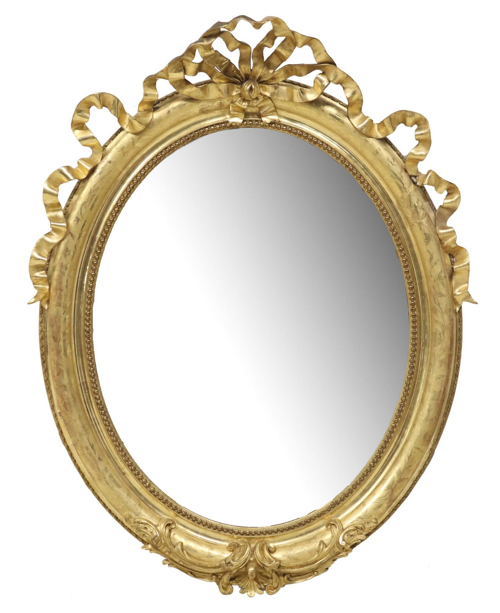 LARGE LOUIS XVI STYLE GILTWOOD WALL MIRROR WITH RIBBON CREST, 52" X 40.5" (1 of 3)