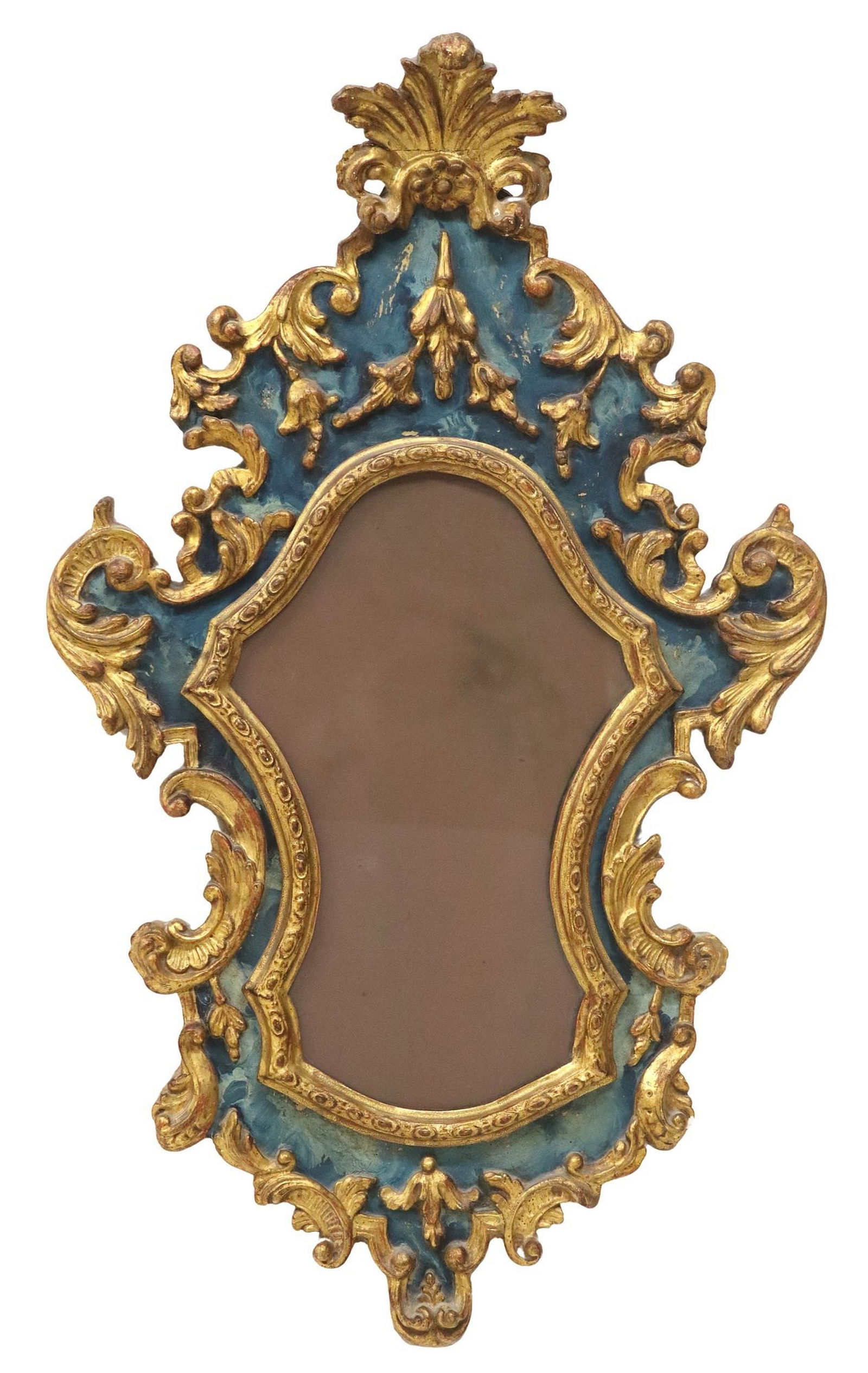 ITALIAN BAROQUE STYLE PARCEL GILT CARVED WOOD SCROLLED MIRROR, 42.5" X 25.5" (1 of 2)