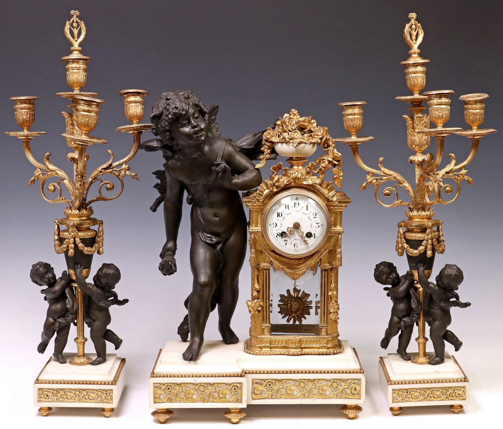 (3) FRENCH GILT & PATINATED BRONZE CUPID CLOCK GARNITURE (1 of 6)