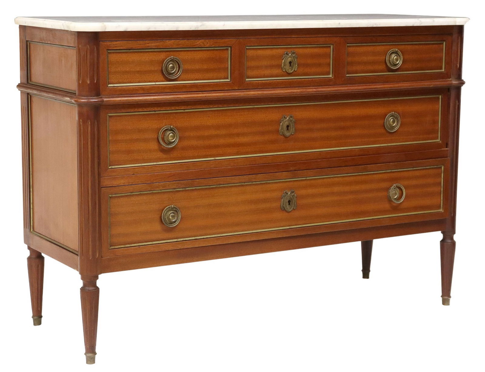FRENCH LOUIS XVI STYLE MARBLE-TOP MAHOGANY COMMODE: French Louis XVI style mahogany commode, 20th c., having shaped marble top, above three drawers, flanked by fluted corner posts, rising on fluted tapered legs, ending on brass cap feet, approx 32.5&qu