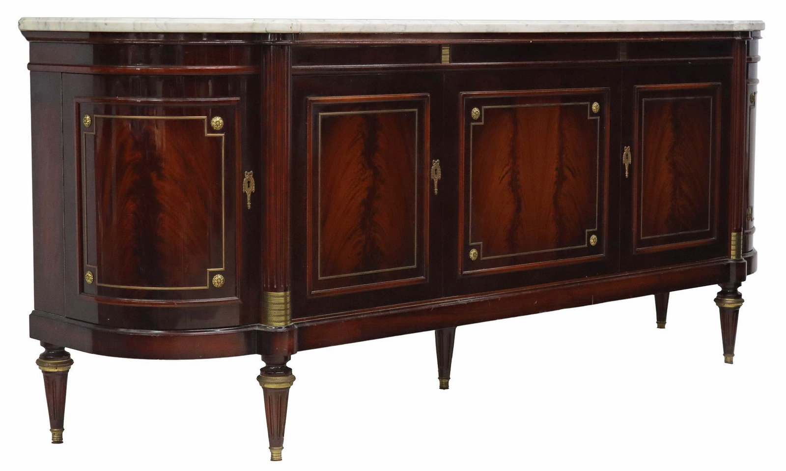 FRENCH LOUIS XVI STYLE MARBLE-TOP MAHOGANY SIDEBOARD, 92"L: French Louis XVI style mahogany sideboard, NF Ambeublement, 20th c., having shaped marble top, over demilune case three frontal cabinet doors, dual cabinet doors opening to shelved interior, single ca